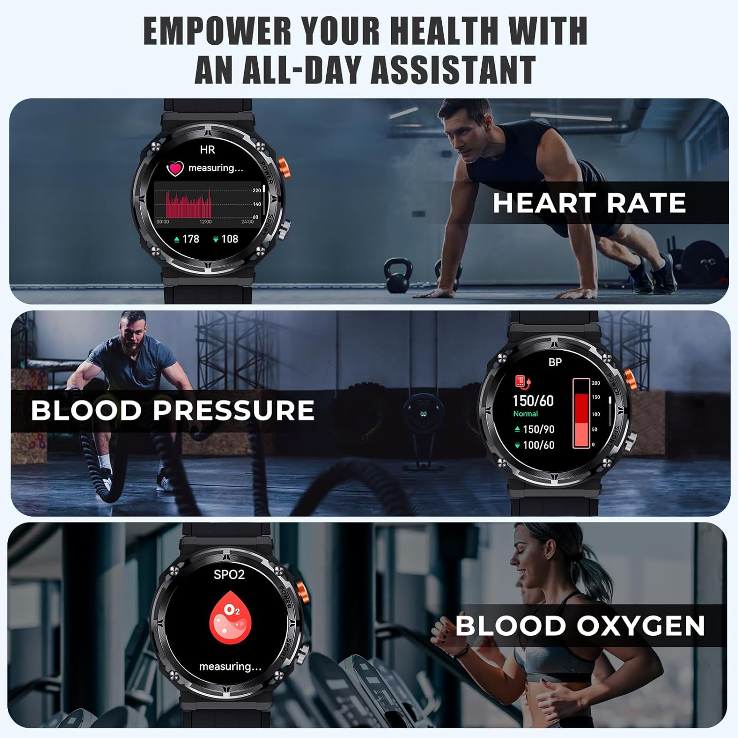 VIRAN Smart Watch (Answer/Make Calls), IP68 Waterproof Military Fitness Watch with Step Counter, Rugged Fitness Tracker with SpO2 Heart Rate Sleep Monitor, 100+ Sports Modes, for Android iOS (Black) - Amazing Gadgets Outlet