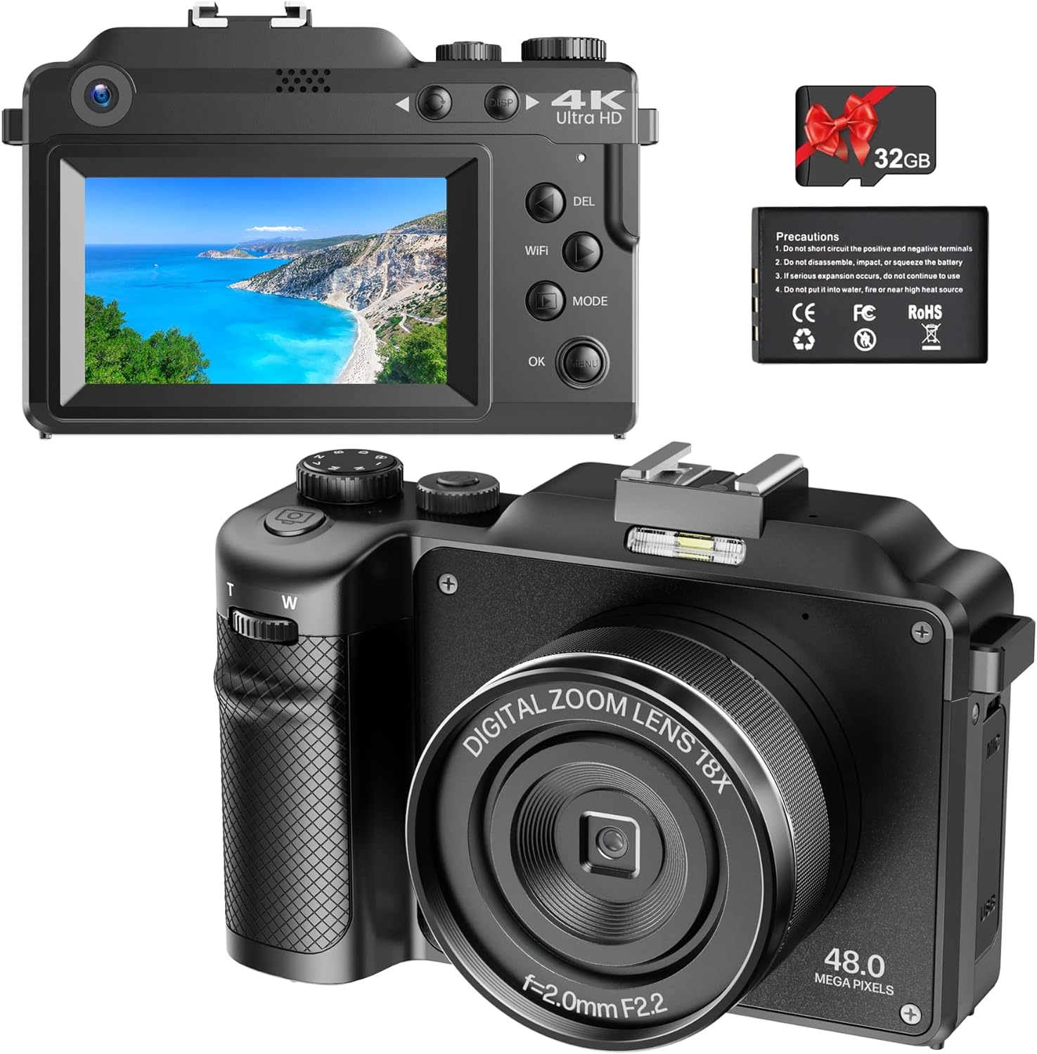 Vmotal Digital Camera 4K, UHD 48MP Photo 4K Video Recorder, Dual Lens Camera, 18x Digital Zoom, Autofocus Camera for Photography, With Wifi & 32GB SD Card, Vlogging Camera for YouTube - Amazing Gadgets Outlet