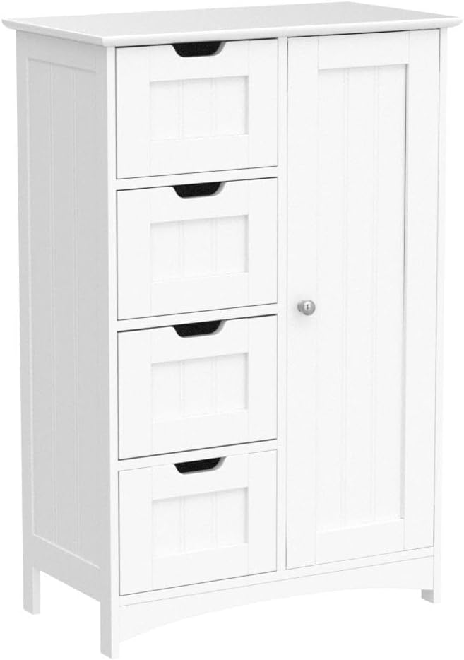 VonHaus Bathroom Floor Cabinet - White Storage Unit w/ 4 Drawers, Cupboard & Adjustable Shelf - Shaker Style Cabinet for Bathroom Organisation - Freestanding Cupboard for Kitchen, Living Room, Hallway   Import  Single ASIN  Import  Multiple ASIN - Amazing Gadgets Outlet