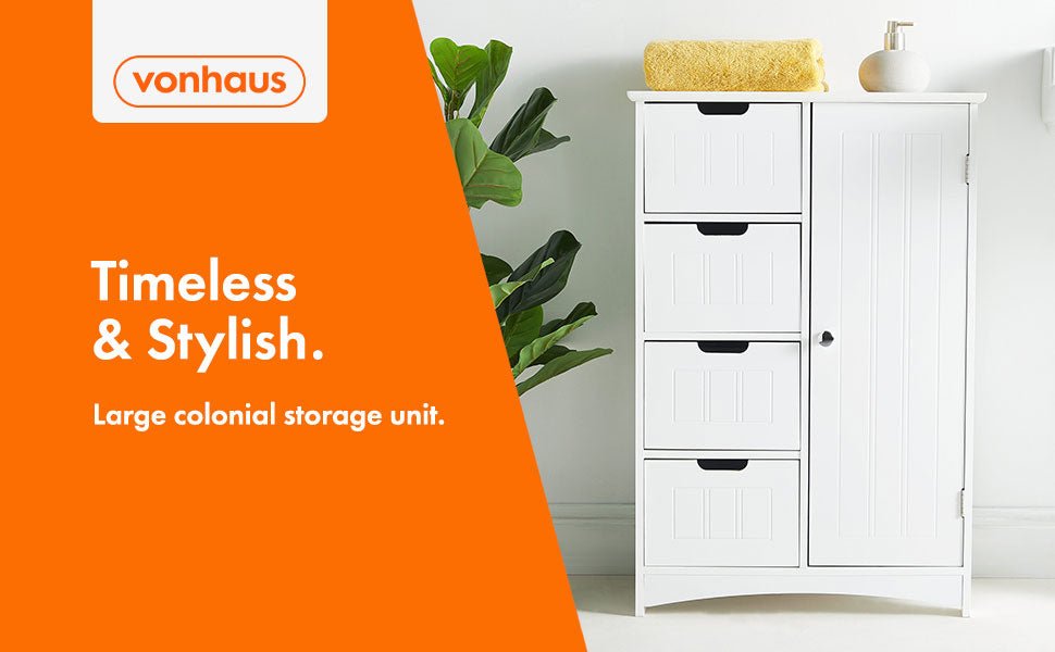 VonHaus Bathroom Floor Cabinet - White Storage Unit w/ 4 Drawers, Cupboard & Adjustable Shelf - Shaker Style Cabinet for Bathroom Organisation - Freestanding Cupboard for Kitchen, Living Room, Hallway   Import  Single ASIN  Import  Multiple ASIN - Amazing Gadgets Outlet