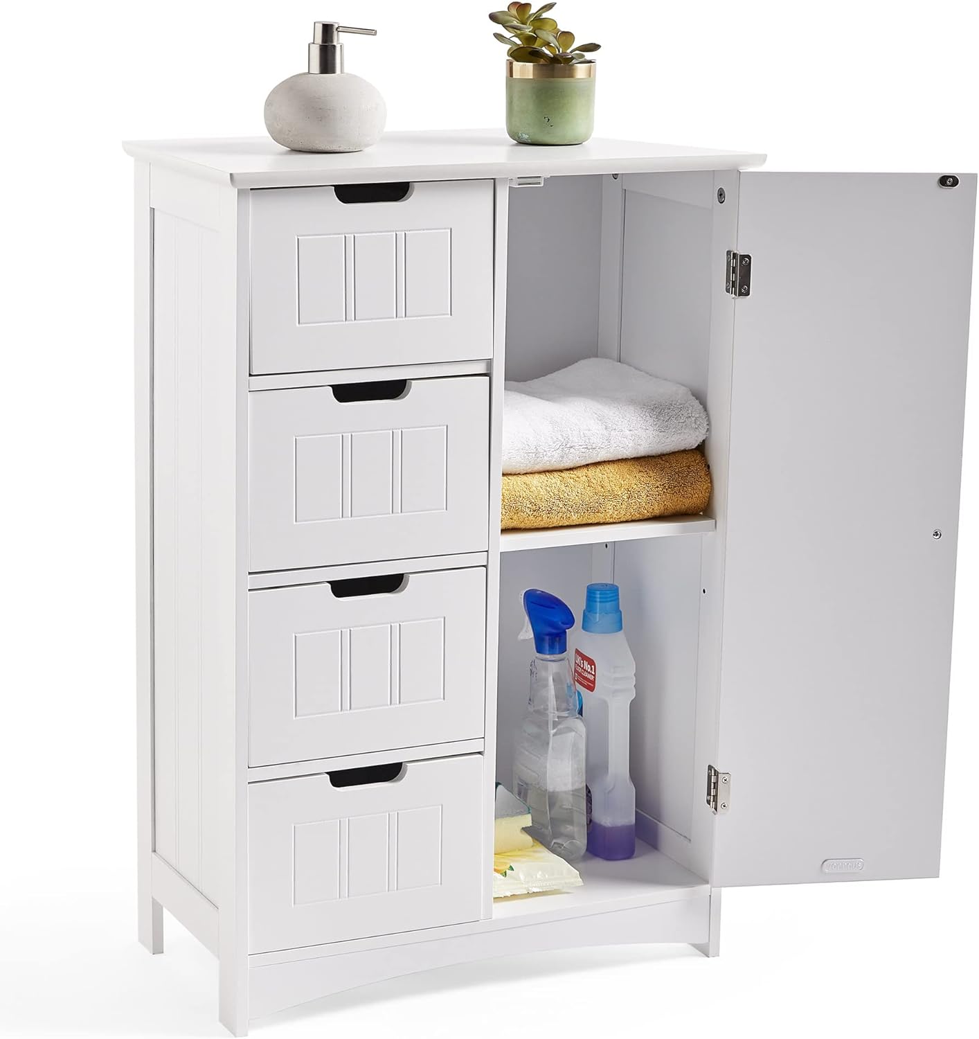 VonHaus Bathroom Floor Cabinet - White Storage Unit w/ 4 Drawers, Cupboard & Adjustable Shelf - Shaker Style Cabinet for Bathroom Organisation - Freestanding Cupboard for Kitchen, Living Room, Hallway   Import  Single ASIN  Import  Multiple ASIN - Amazing Gadgets Outlet