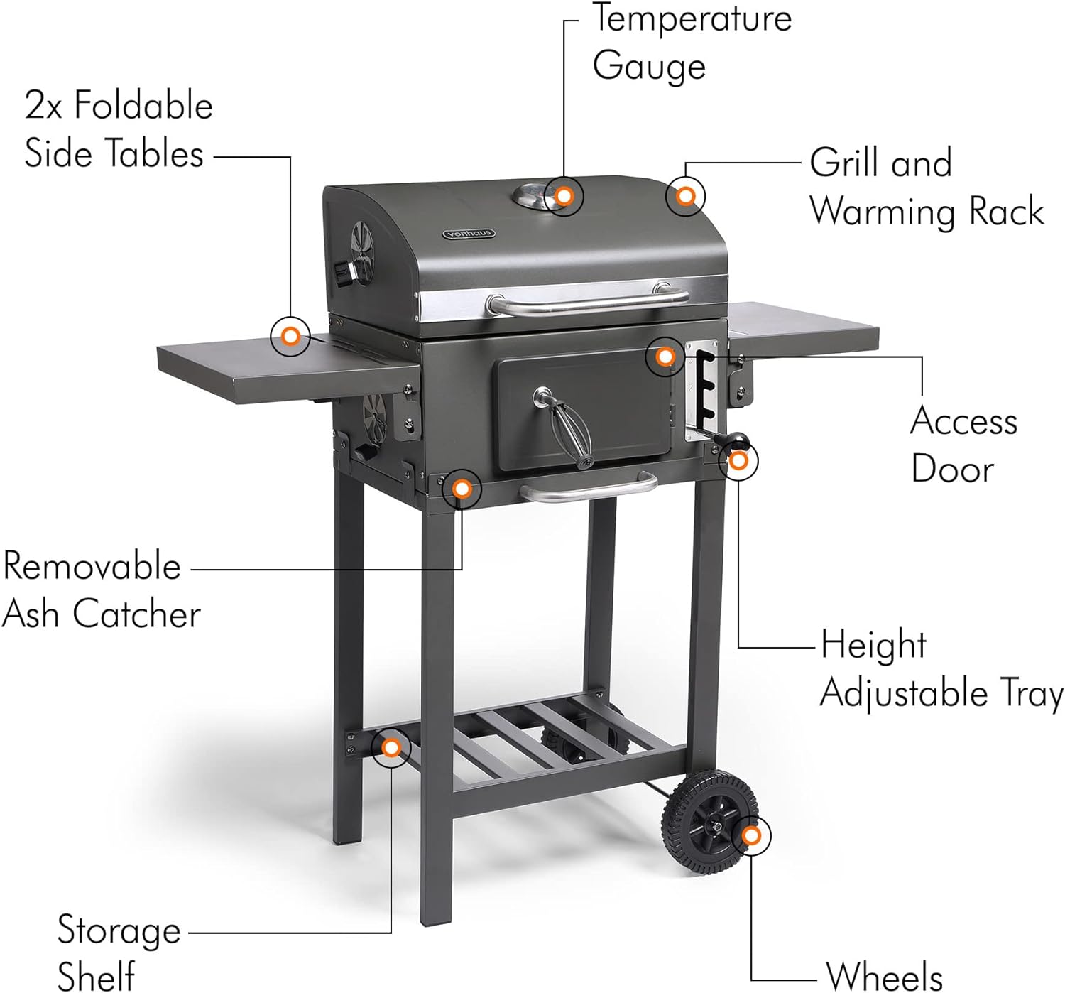 VonHaus Charcoal BBQ – Barbecue with Warming Rack, Adjustable Height, Temperature Gauge – Portable, Ash Catcher, Additional Storage Shelf, 2 Foldable Side Tables, Wheels – Grill Meat, Fish & Veg   Import  Single ASIN  Import  Multiple ASIN ×Produ - Amazing Gadgets Outlet