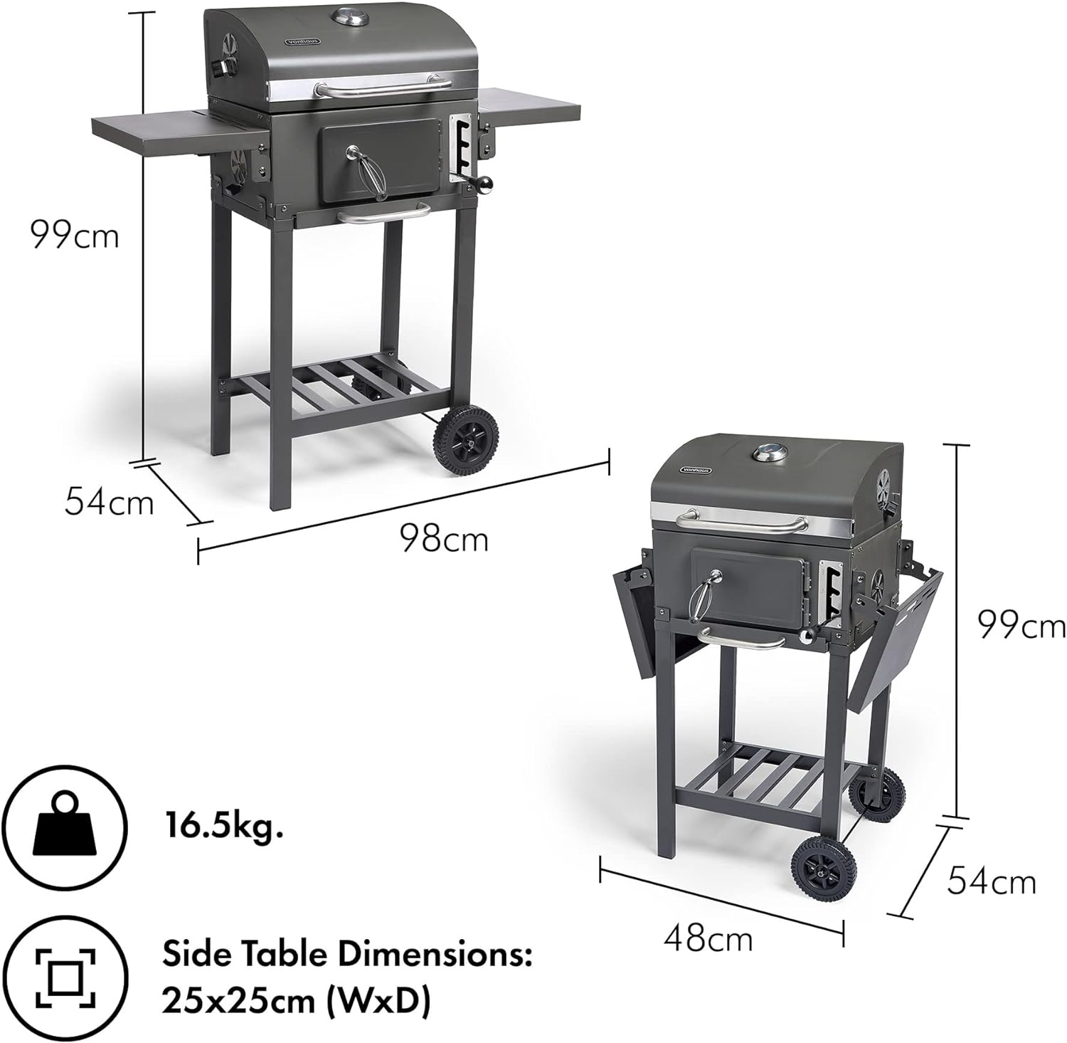 VonHaus Charcoal BBQ – Barbecue with Warming Rack, Adjustable Height, Temperature Gauge – Portable, Ash Catcher, Additional Storage Shelf, 2 Foldable Side Tables, Wheels – Grill Meat, Fish & Veg   Import  Single ASIN  Import  Multiple ASIN ×Produ - Amazing Gadgets Outlet