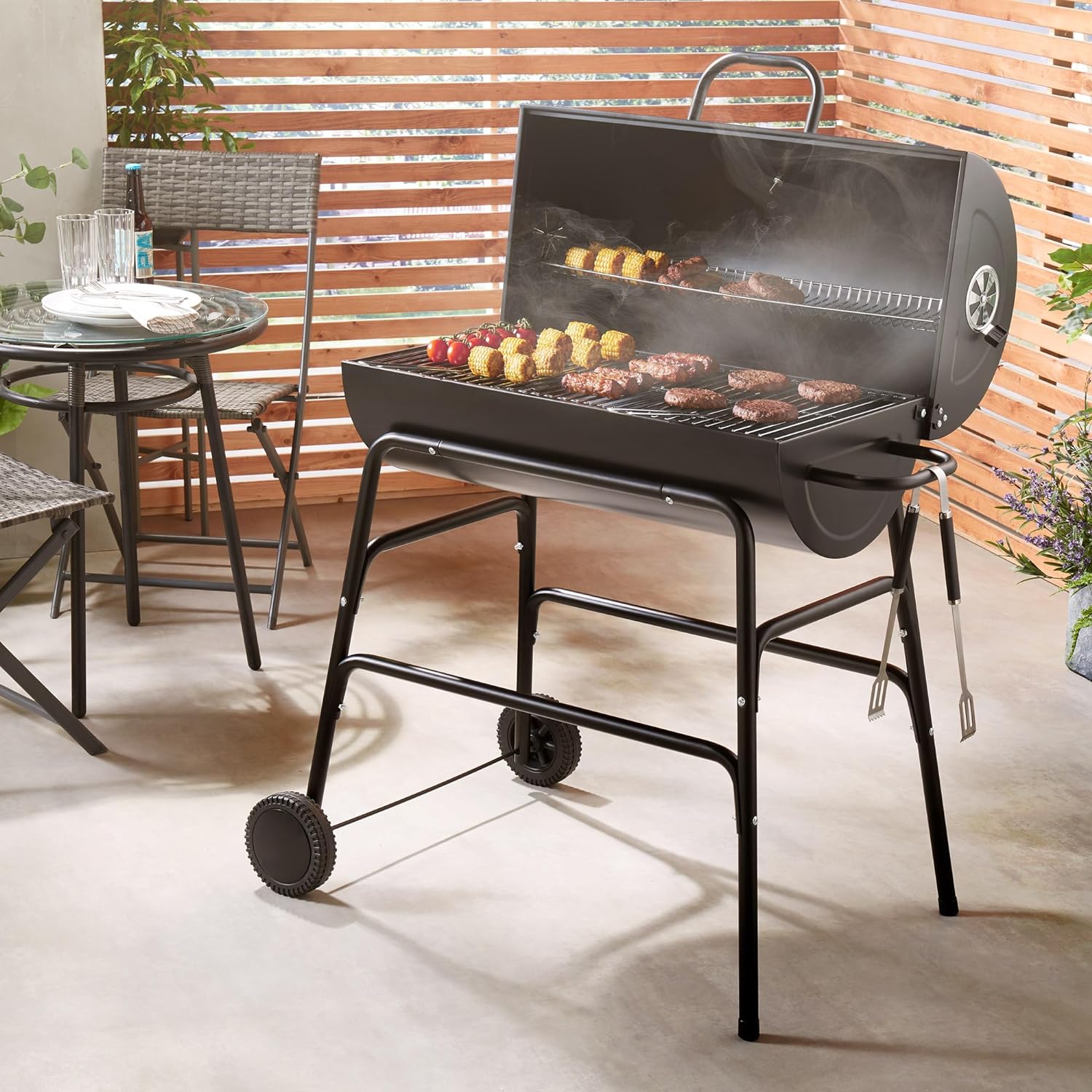 VonHaus Charcoal BBQ – Portable Barrel Barbecue with Warming Rack, Temperature Gauge, Wheels, Large Cooking Grill, Air Vents – 2 in 1 Barbeque and Smoker – Grill Meat, Fish & Vegetables   Import  Single ASIN  Import  Multiple ASIN ×Product custom - Amazing Gadgets Outlet