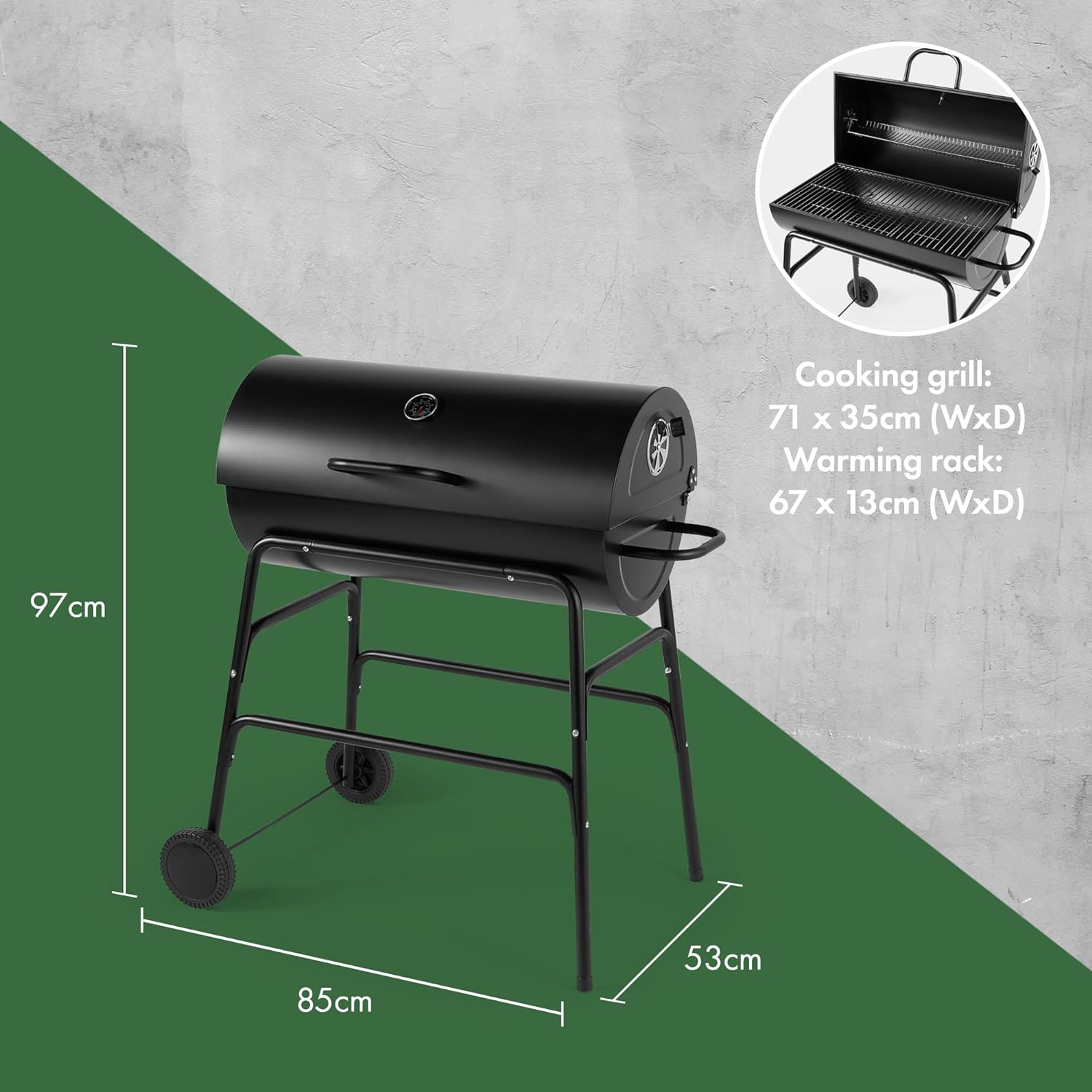 VonHaus Charcoal BBQ – Portable Barrel Barbecue with Warming Rack, Temperature Gauge, Wheels, Large Cooking Grill, Air Vents – 2 in 1 Barbeque and Smoker – Grill Meat, Fish & Vegetables   Import  Single ASIN  Import  Multiple ASIN ×Product custom - Amazing Gadgets Outlet