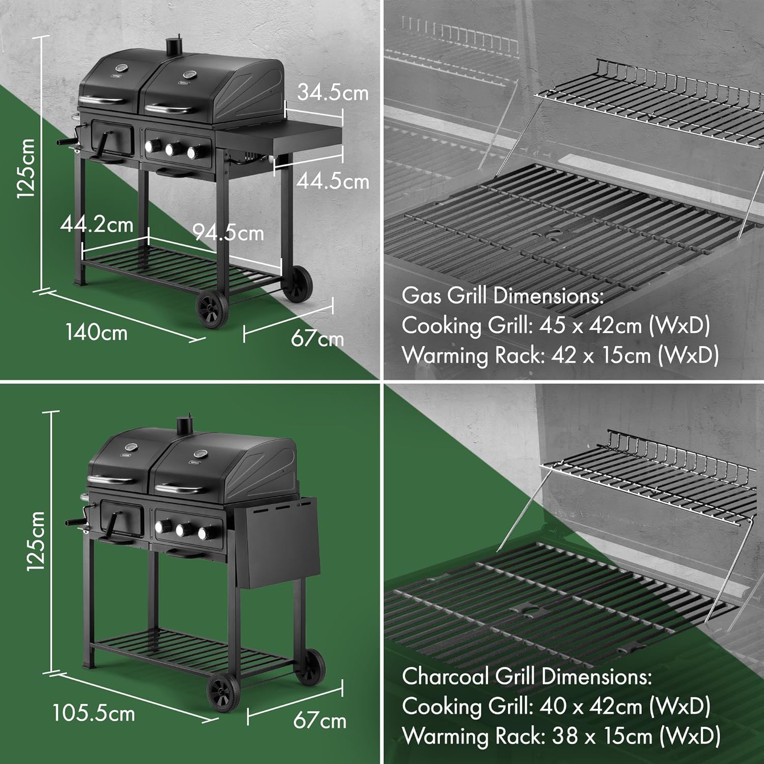 VonHaus Dual Fuel BBQ – 2 in 1 Charcoal & Gas Barbecue with Warming Rack, Fold Down Shelf, Temperature Gauges, Wheels, Large Cooking Grills & More – Barbeque and Smoker – Grill Meat, Fish & Vegetables - Amazing Gadgets Outlet