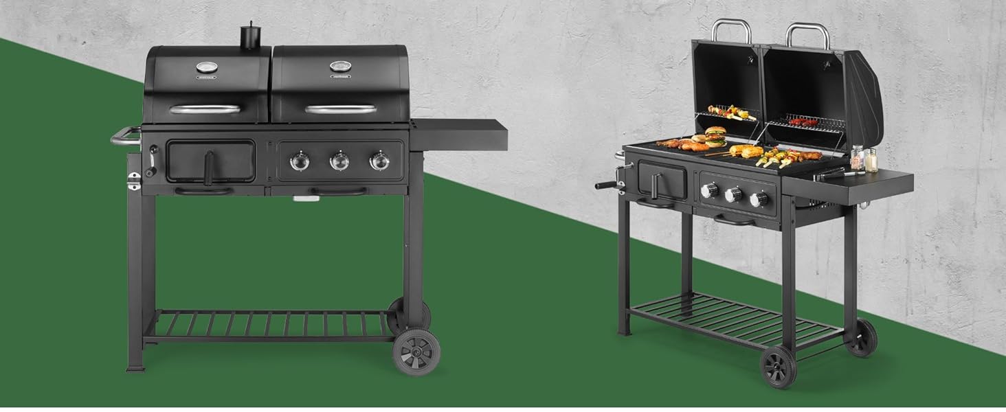 VonHaus Dual Fuel BBQ – 2 in 1 Charcoal & Gas Barbecue with Warming Rack, Fold Down Shelf, Temperature Gauges, Wheels, Large Cooking Grills & More – Barbeque and Smoker – Grill Meat, Fish & Vegetables - Amazing Gadgets Outlet