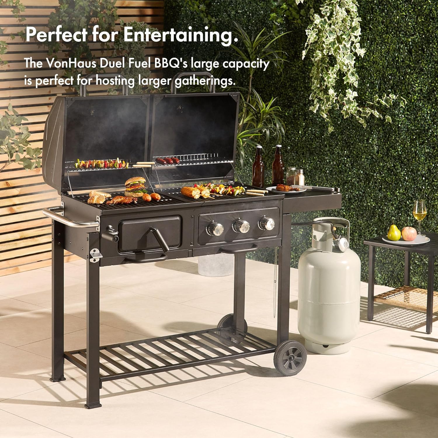 VonHaus Dual Fuel BBQ – 2 in 1 Charcoal & Gas Barbecue with Warming Rack, Fold Down Shelf, Temperature Gauges, Wheels, Large Cooking Grills & More – Barbeque and Smoker – Grill Meat, Fish & Vegetables - Amazing Gadgets Outlet