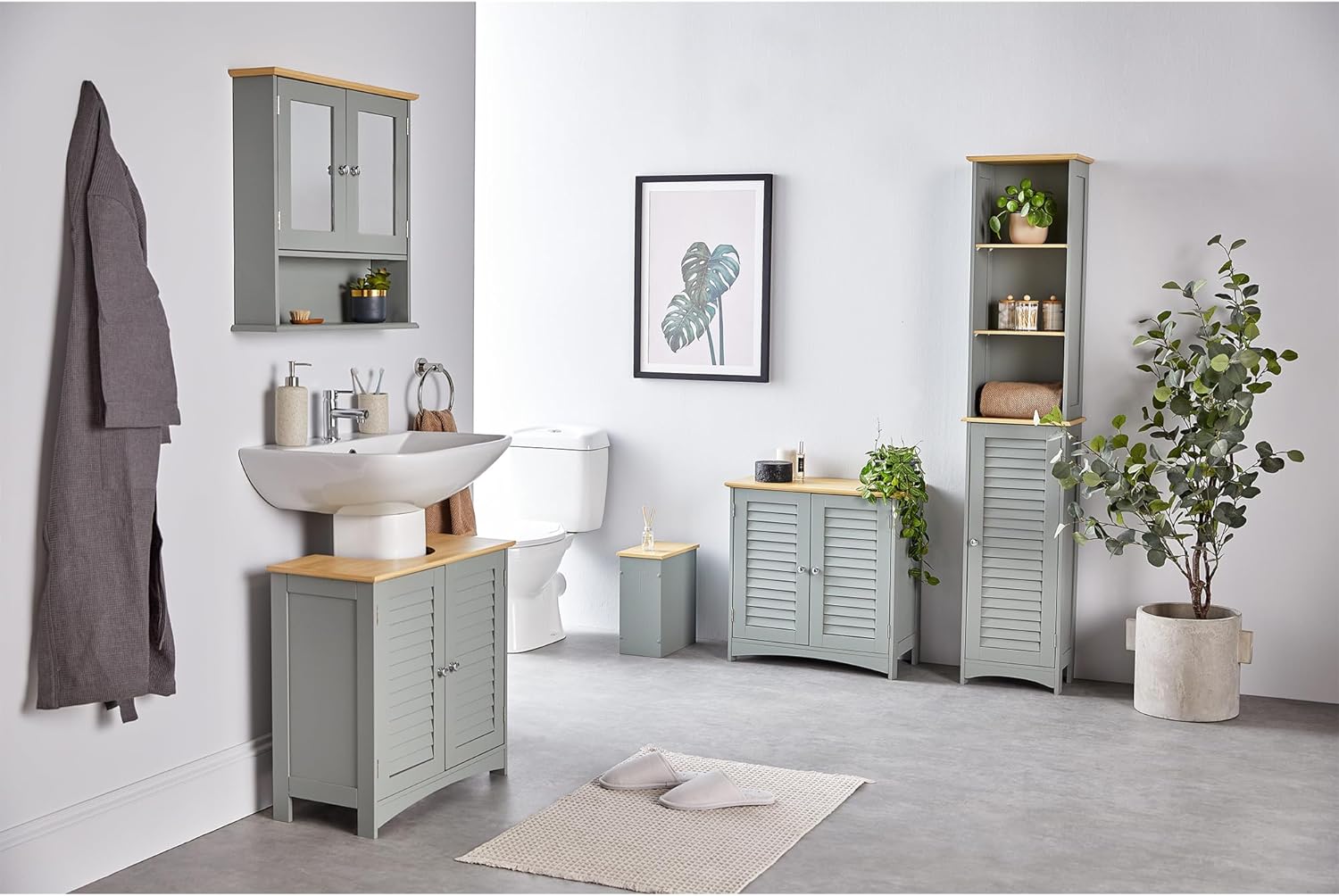 VonHaus Tall Bathroom Cabinet – Grey Bathroom Tallboy with Adjustable Shelves - Tall Bathroom Storage with Shutter Style Door, 3 Internal & 3 Open Shelves - for Kitchen & Hallway - Grey Shrewsbury   Import  Single ASIN  Import  Multiple ASIN ×Pro - Amazing Gadgets Outlet