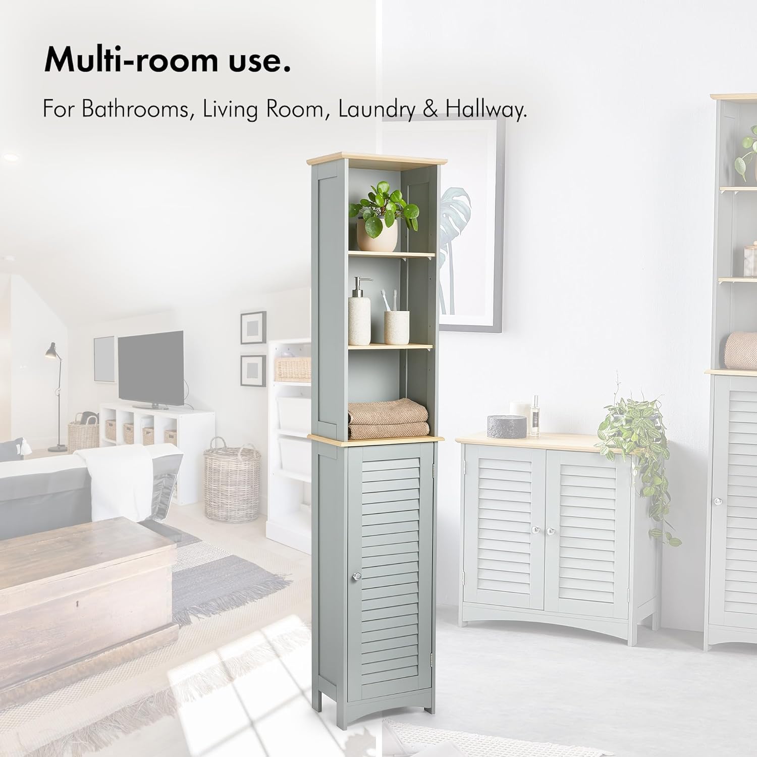 VonHaus Tall Bathroom Cabinet – Grey Bathroom Tallboy with Adjustable Shelves - Tall Bathroom Storage with Shutter Style Door, 3 Internal & 3 Open Shelves - for Kitchen & Hallway - Grey Shrewsbury   Import  Single ASIN  Import  Multiple ASIN ×Pro - Amazing Gadgets Outlet