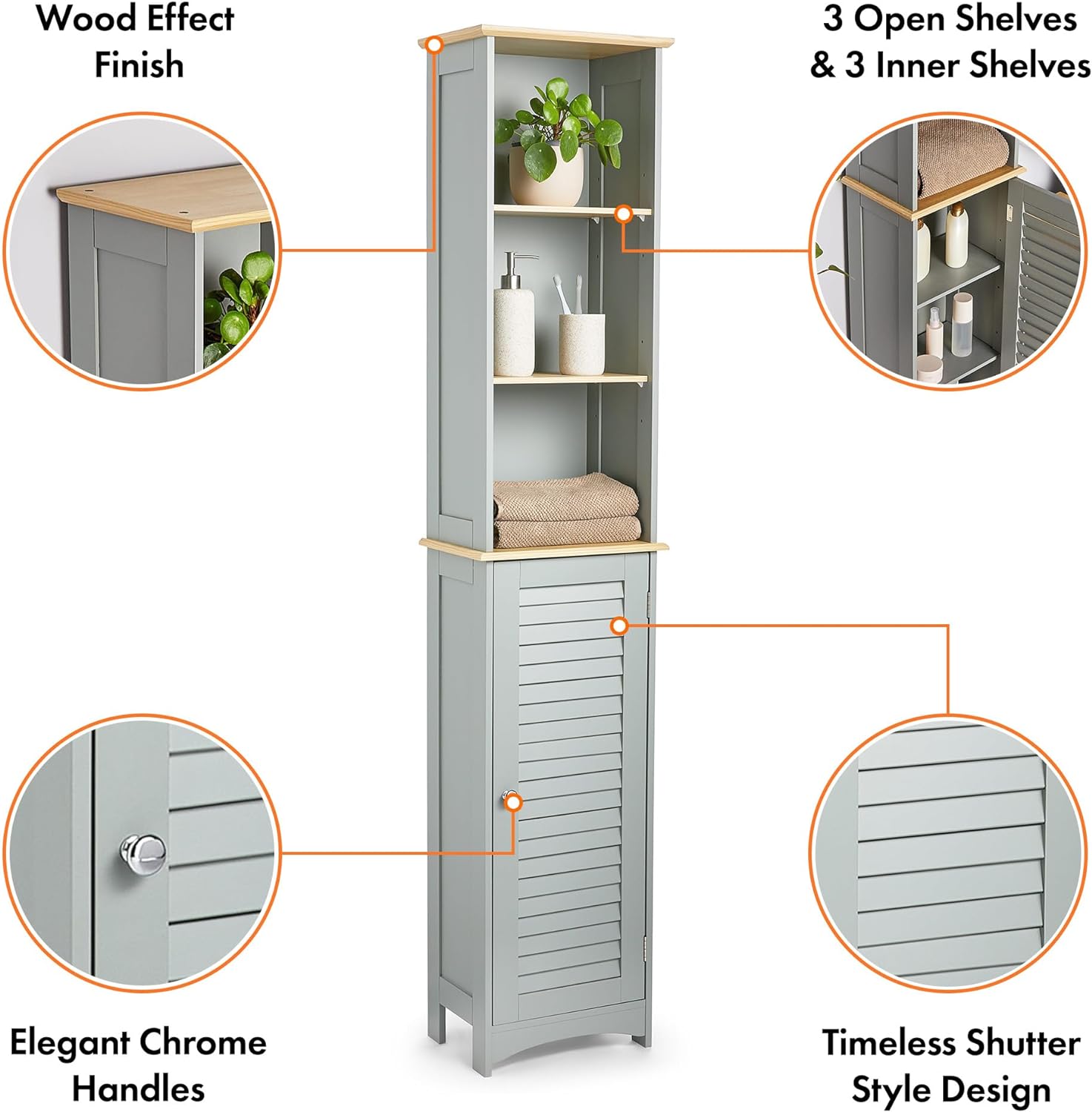 VonHaus Tall Bathroom Cabinet – Grey Bathroom Tallboy with Adjustable Shelves - Tall Bathroom Storage with Shutter Style Door, 3 Internal & 3 Open Shelves - for Kitchen & Hallway - Grey Shrewsbury   Import  Single ASIN  Import  Multiple ASIN ×Pro - Amazing Gadgets Outlet