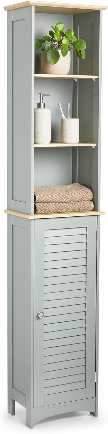 VonHaus Tall Bathroom Cabinet – Grey Bathroom Tallboy with Adjustable Shelves - Tall Bathroom Storage with Shutter Style Door, 3 Internal & 3 Open Shelves - for Kitchen & Hallway - Grey Shrewsbury   Import  Single ASIN  Import  Multiple ASIN ×Pro - Amazing Gadgets Outlet