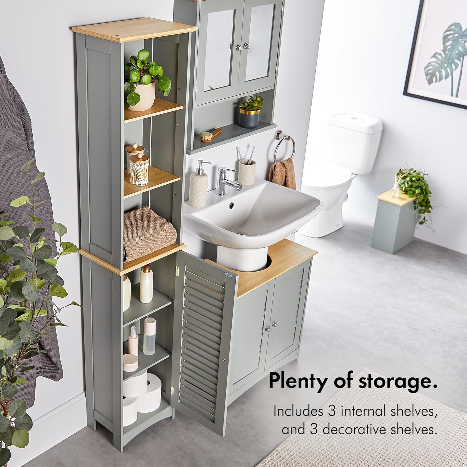 VonHaus Tall Bathroom Cabinet – Grey Bathroom Tallboy with Adjustable Shelves - Tall Bathroom Storage with Shutter Style Door, 3 Internal & 3 Open Shelves - for Kitchen & Hallway - Grey Shrewsbury   Import  Single ASIN  Import  Multiple ASIN ×Pro - Amazing Gadgets Outlet