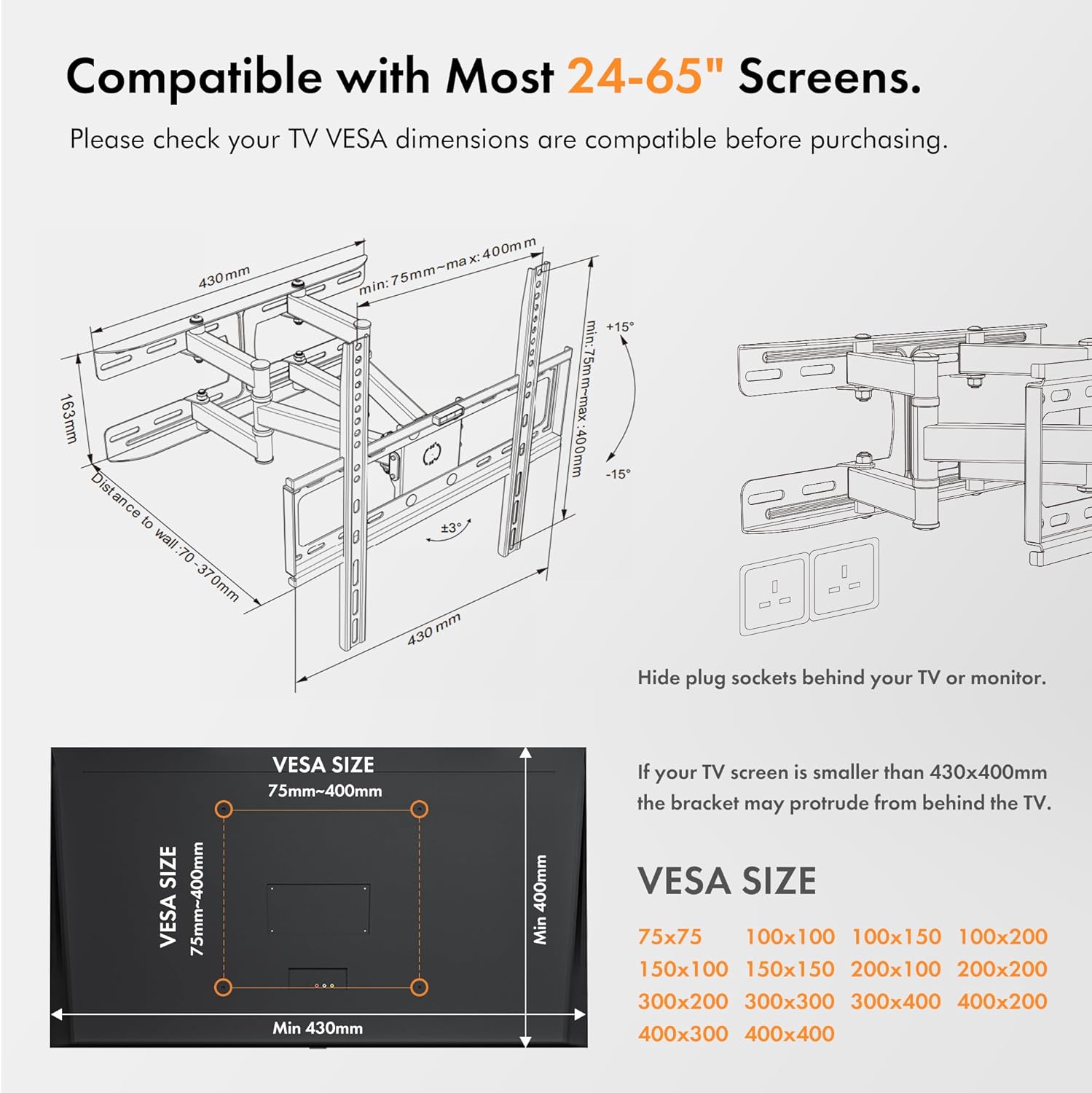 VonHaus Tilt and Swivel TV Wall Bracket for 24 - 65" Screens, Wall Mount w/Spirit Level, 45kg Capacity, Max VESA: 400x400mm, for Curved and Flat Screens - Amazing Gadgets Outlet