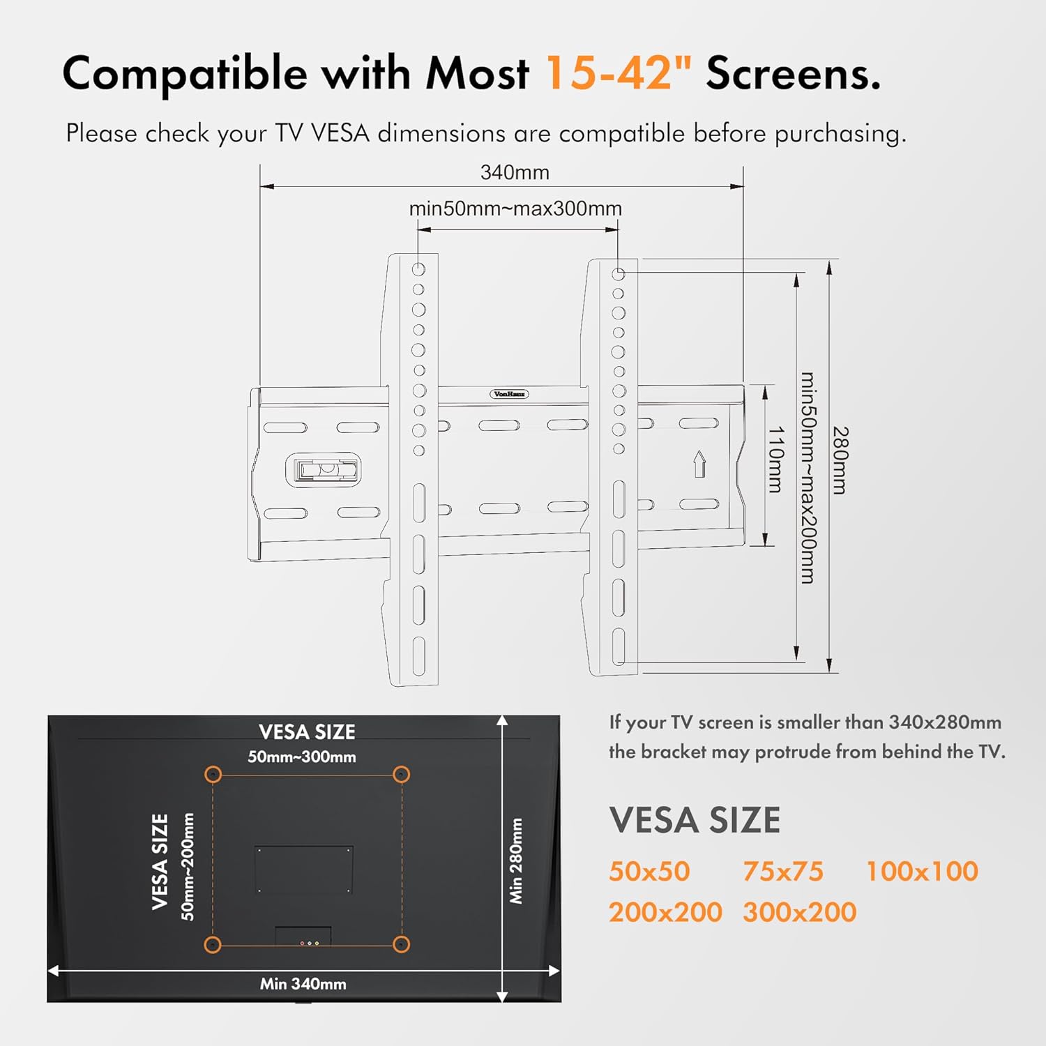 VonHaus TV Wall Bracket for 15 - 42" Screens, Ultra - Slim TV Bracket with Spirit Level, Flat to Wall Mount, 40kg Capacity, Max VESA: 300x200m - Amazing Gadgets Outlet