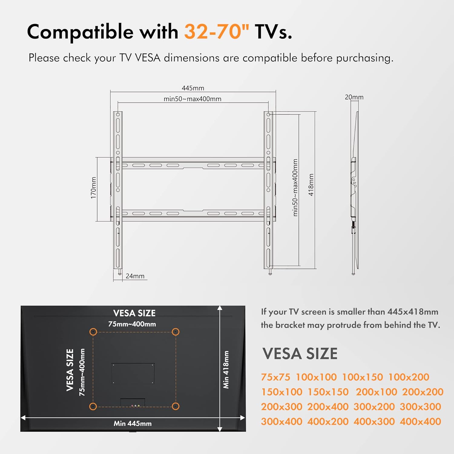 VonHaus TV Wall Bracket for 32 - 70" Screens, Ultra - Slim TV Bracket with Spirit Level, Flat to Wall Mount, 45kg Capacity, Max VESA: 400x400mm - Amazing Gadgets Outlet