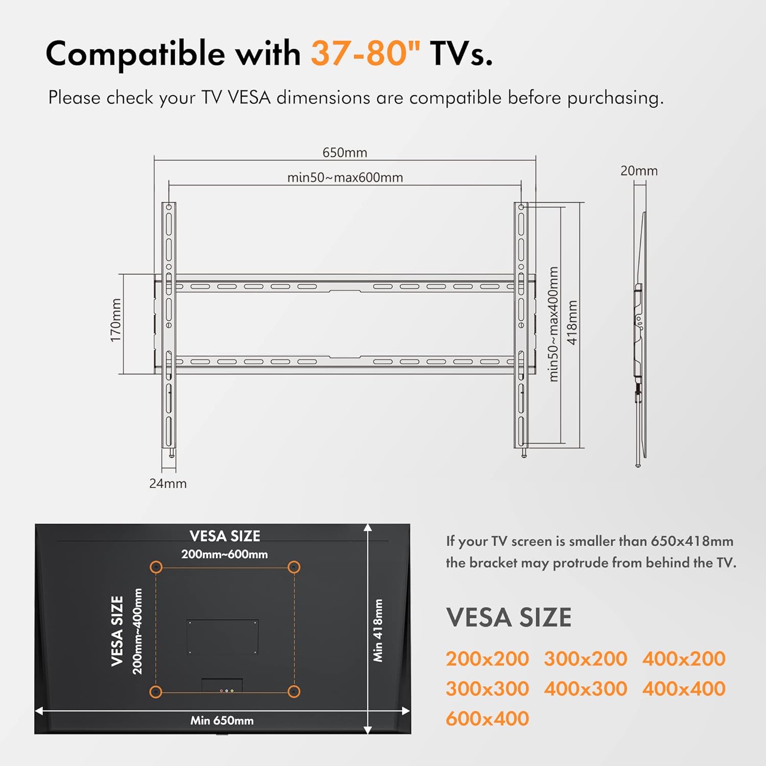 VonHaus TV Wall Bracket for 37 - 80" Screens, Ultra - Slim TV Bracket with Spirit Level, Flat to Wall Mount, 45kg Capacity, Max VESA: 600x400mm - Amazing Gadgets Outlet