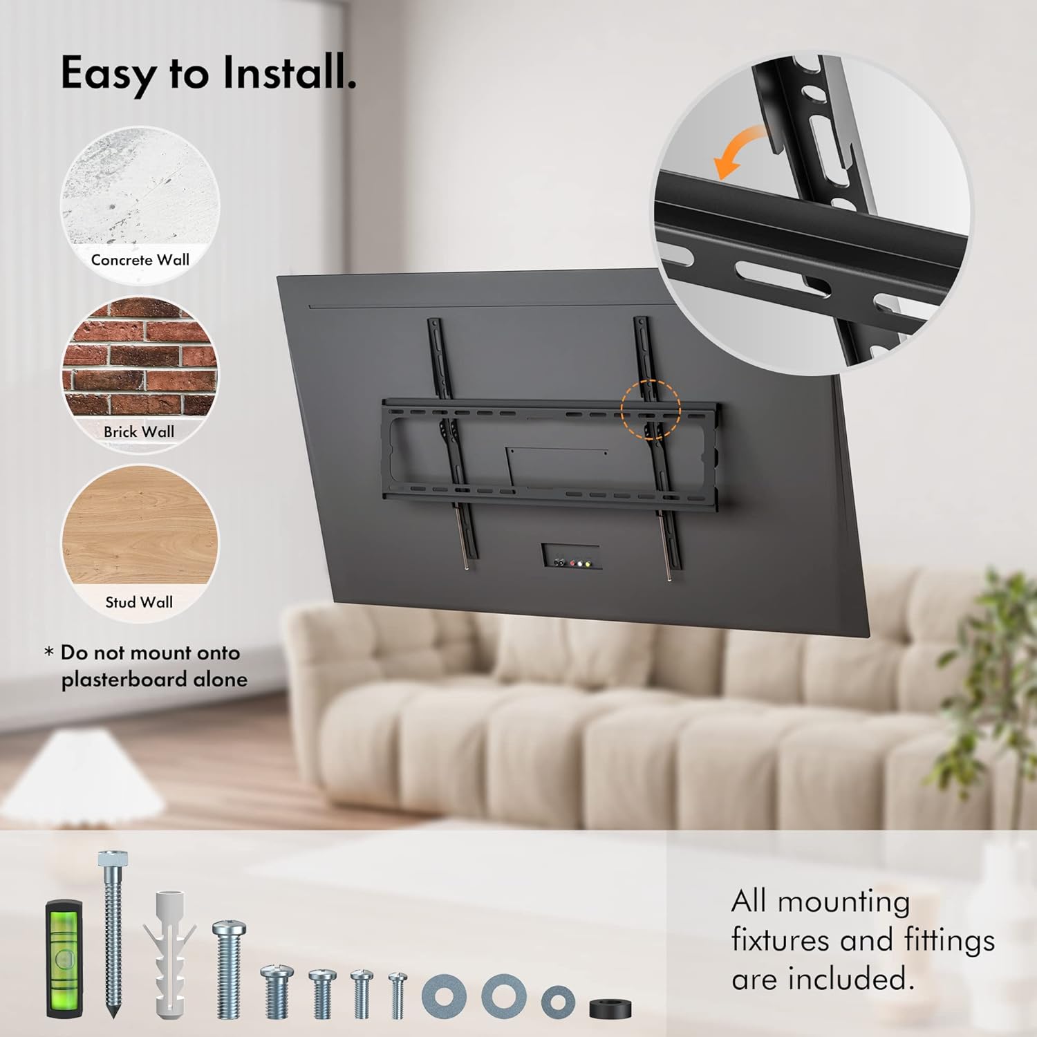 VonHaus TV Wall Bracket for 37 - 80" Screens, Ultra - Slim TV Bracket with Spirit Level, Flat to Wall Mount, 45kg Capacity, Max VESA: 600x400mm - Amazing Gadgets Outlet