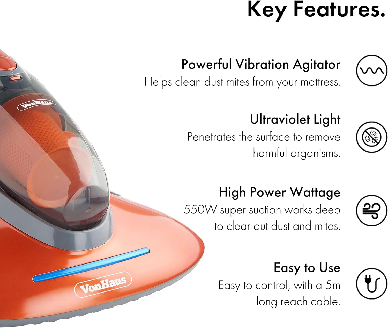 VonHaus UV Vacuum Cleaner 17Kpa – Handheld Bed Vacuum Cleaner with HEPA Filtration, 500W Mattress Cleaner Machine, 500ml Dust Tank, Kills 99.9% of Bacteria & Dust Mites – Upholstery & Crevice Tool - Amazing Gadgets Outlet