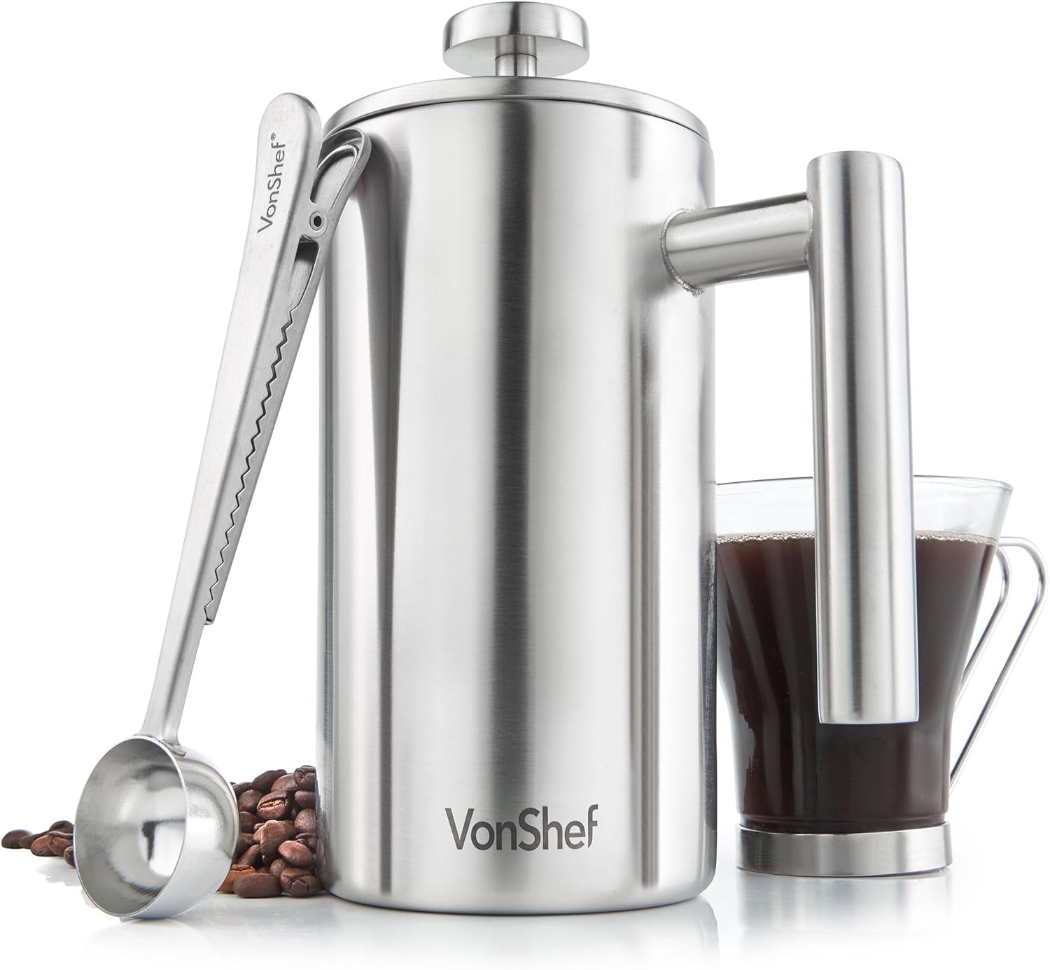 VonShef 6 Cup Cafetiere, Stainless Steel 800ml Double Walled French Press with Measuring Spoon/Bag Seal, Dishwasher Safe Filter Coffee Maker with Plunger - Amazing Gadgets Outlet