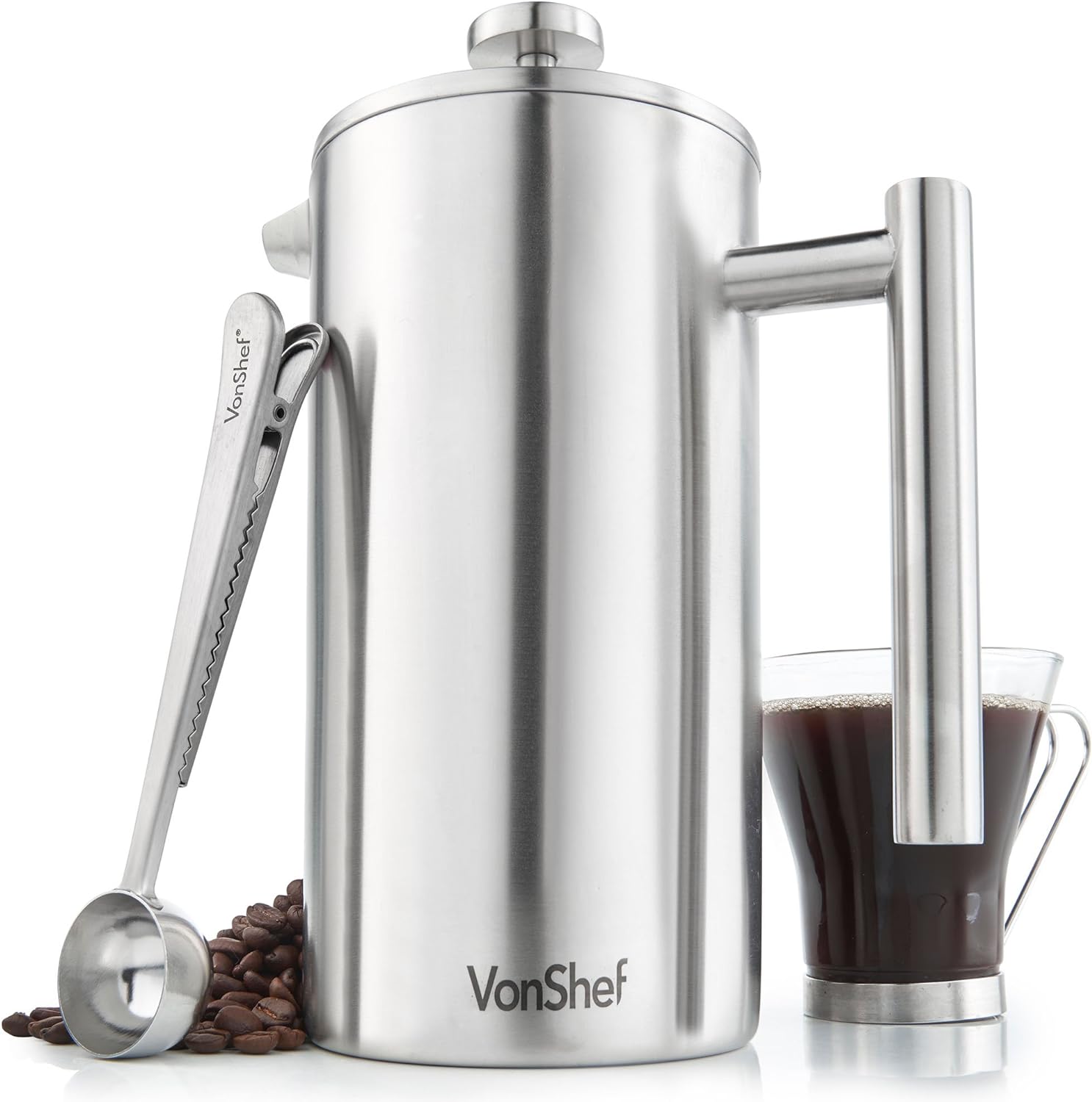 VonShef 6 Cup Cafetiere, Stainless Steel 800ml Double Walled French Press with Measuring Spoon/Bag Seal, Dishwasher Safe Filter Coffee Maker with Plunger - Amazing Gadgets Outlet