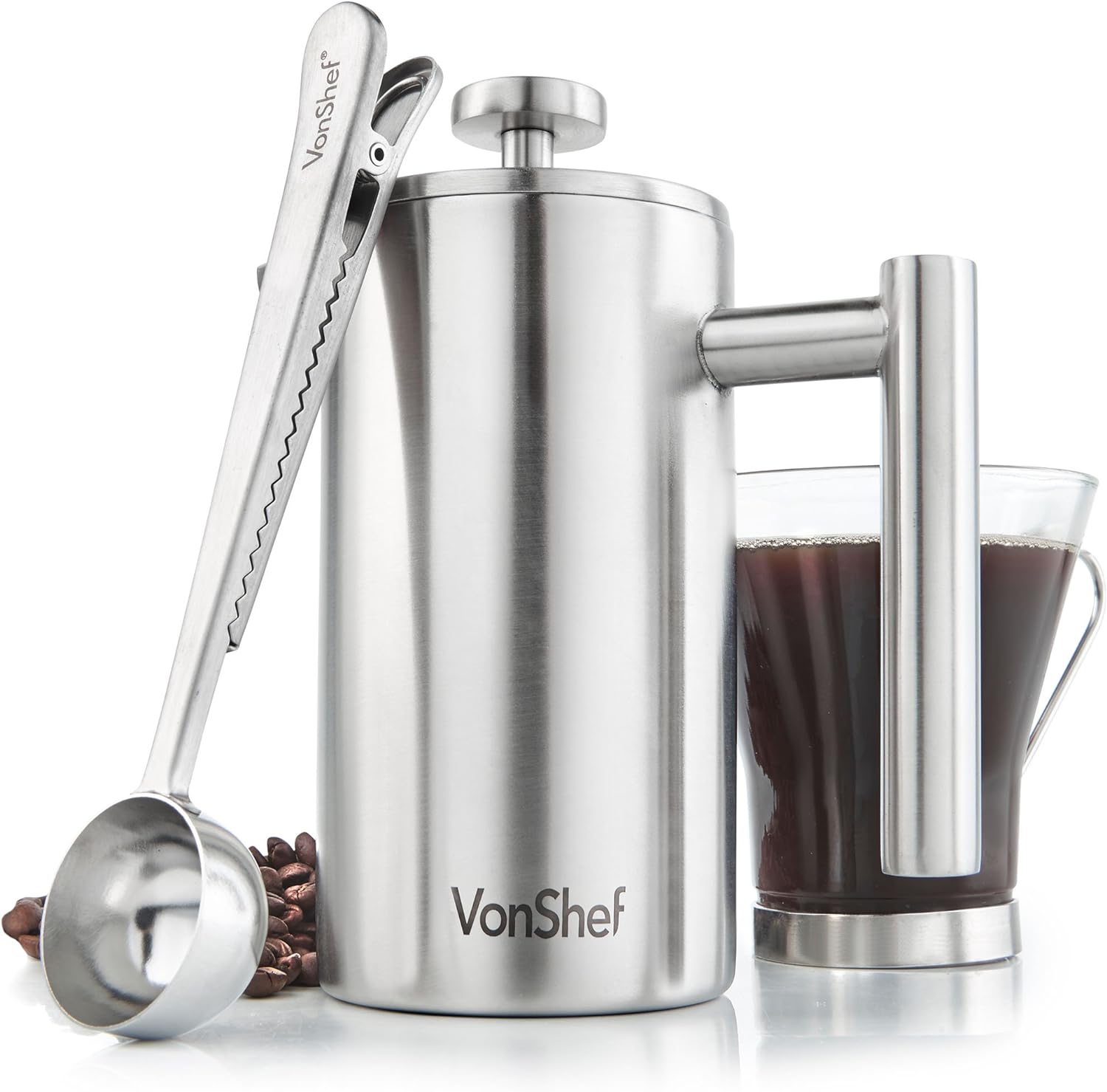 VonShef 6 Cup Cafetiere, Stainless Steel 800ml Double Walled French Press with Measuring Spoon/Bag Seal, Dishwasher Safe Filter Coffee Maker with Plunger - Amazing Gadgets Outlet