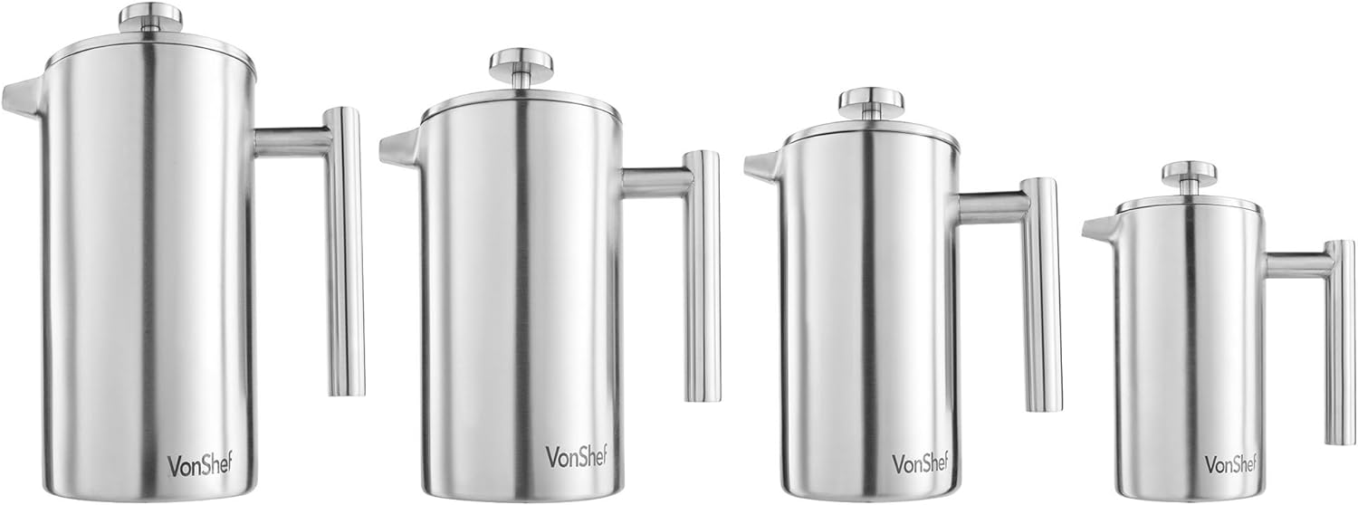 VonShef 6 Cup Cafetiere, Stainless Steel 800ml Double Walled French Press with Measuring Spoon/Bag Seal, Dishwasher Safe Filter Coffee Maker with Plunger - Amazing Gadgets Outlet