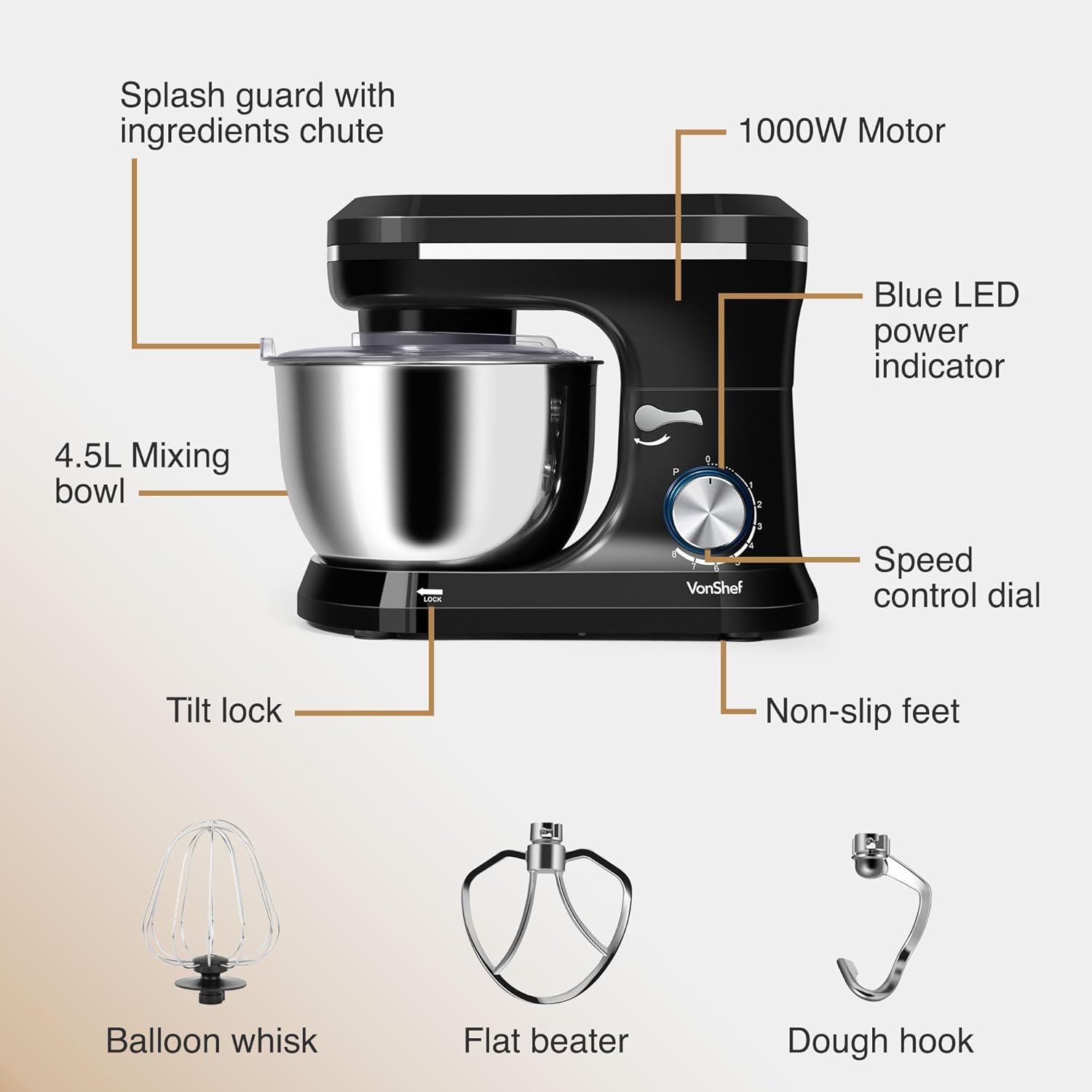 VonShef Black Food Mixer - Electric 8 Speed 1000W Stand Mixer, 4.5L Stainless Steel Mixing Bowl, Beater, Dough Hook & Balloon Whisk for Baking - Amazing Gadgets Outlet