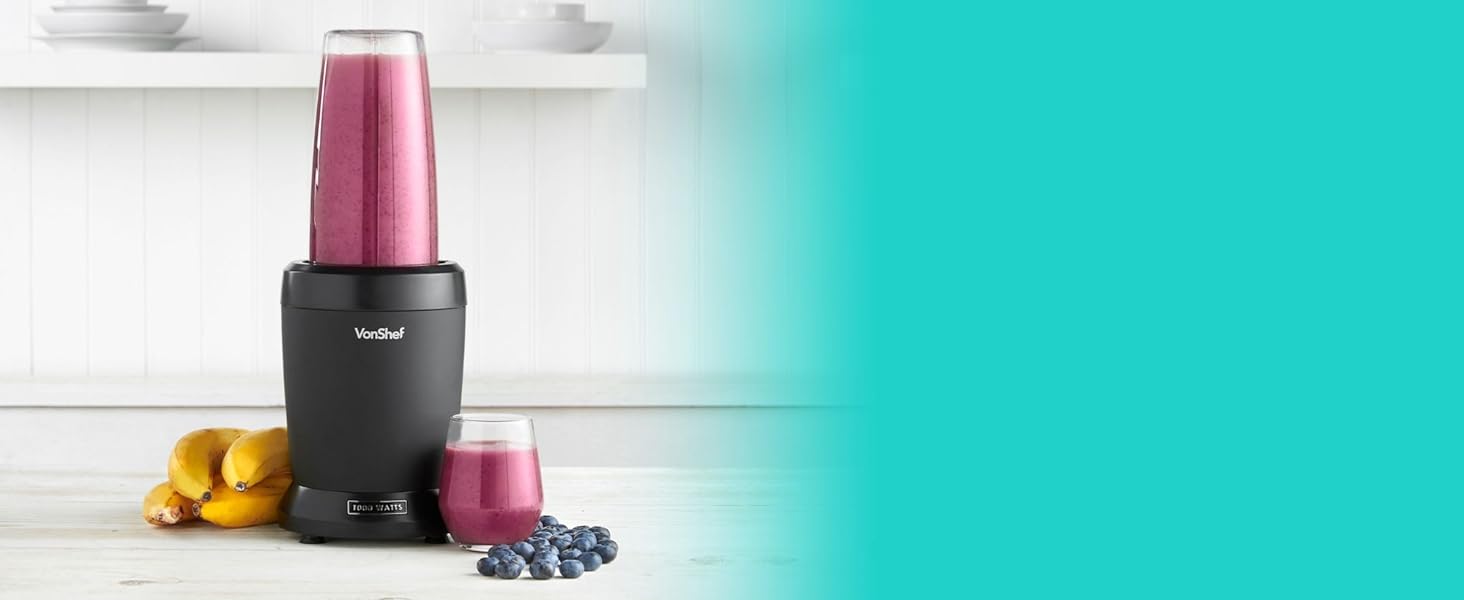 VonShef Blender Smoothie Maker – Mini Blender for Fruit, Vegetables and Crushing Ice, 1000W, w/ 500ml & 800ml Portable Cups, 1 Button Control – Black - Amazing Gadgets Outlet