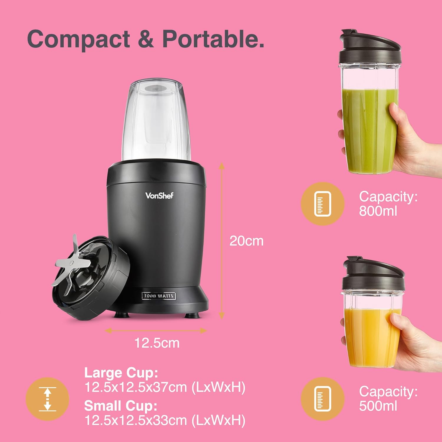 VonShef Blender Smoothie Maker – Mini Blender for Fruit, Vegetables and Crushing Ice, 1000W, w/ 500ml & 800ml Portable Cups, 1 Button Control – Black - Amazing Gadgets Outlet