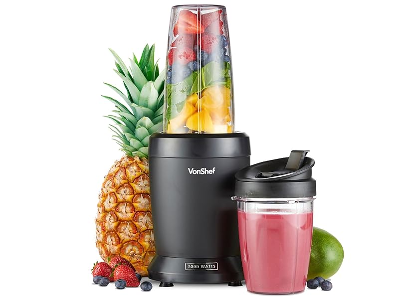 VonShef Blender Smoothie Maker – Mini Blender for Fruit, Vegetables and Crushing Ice, 1000W, w/ 500ml & 800ml Portable Cups, 1 Button Control – Black - Amazing Gadgets Outlet