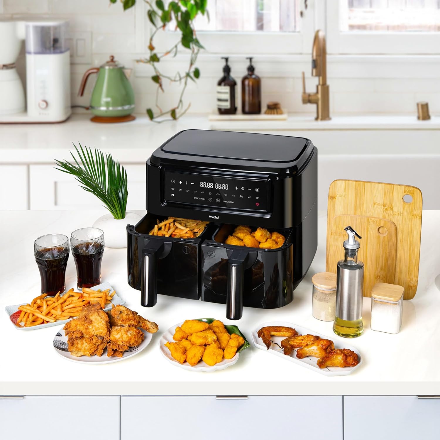 VonShef Dual Air Fryer 9L - 2 Silicone Liners, Double Large Family Size, XL Capacity, 2 Drawers, 12 - In - 1 Presets, LED Display, Smart Finish, 60 Minute Timer, Dishwasher - Safe, Healthy Cooking - Amazing Gadgets Outlet