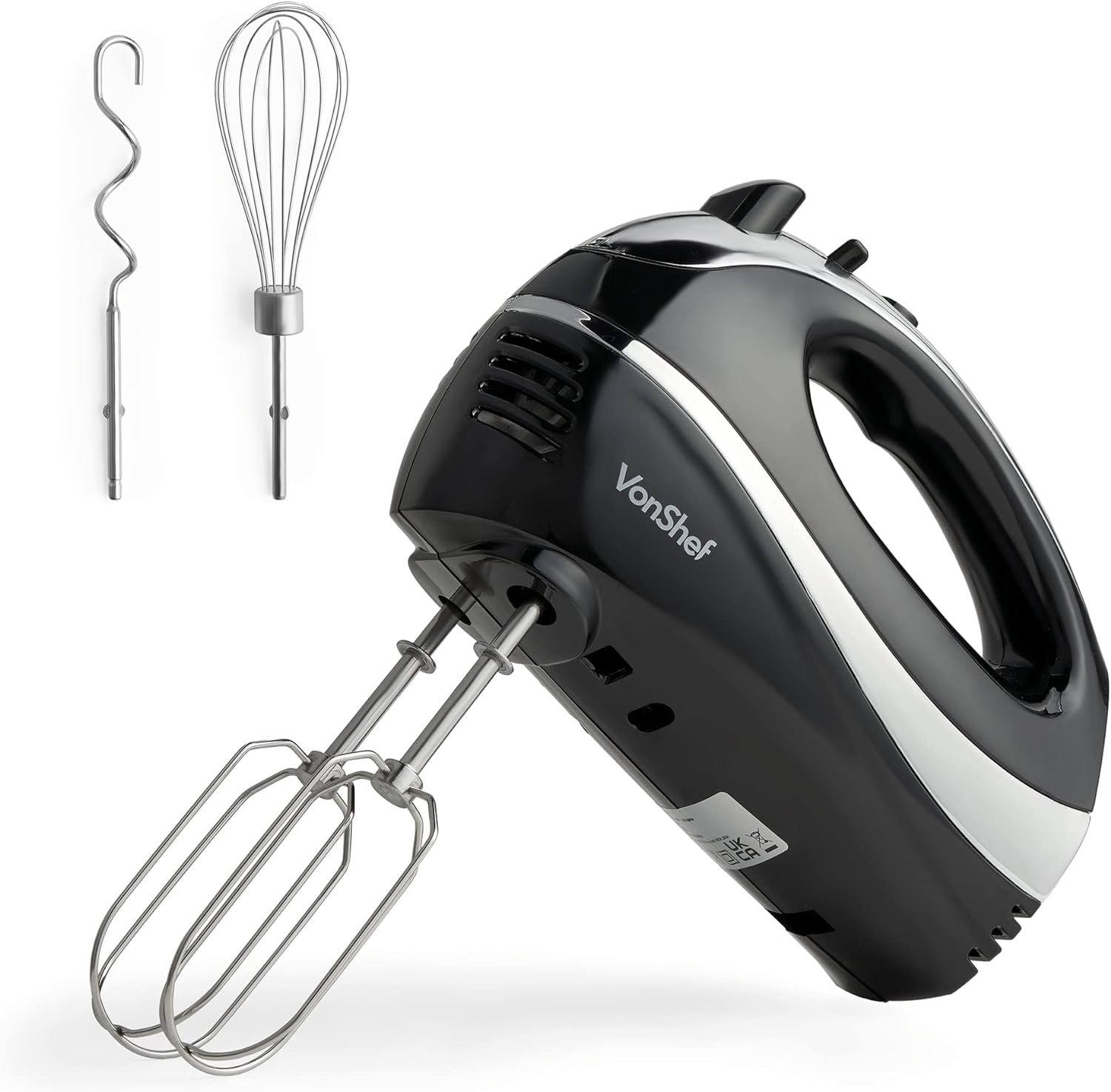 VonShef Hand Mixer Electric Whisk – Food Mixer for Baking with 5 Speeds, 300W, 2 Stainless Steel Beaters, 2 Dough Hooks & Balloon Whisk, Easy Clean, Turbo Boost, Eject Button, Compact – Black - Amazing Gadgets Outlet