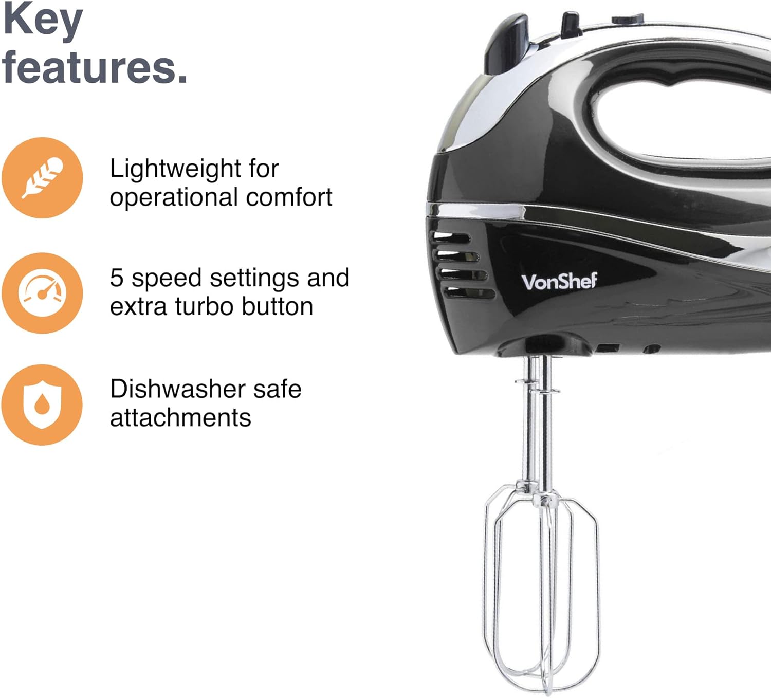 VonShef Hand Mixer Electric Whisk – Food Mixer for Baking with 5 Speeds, 300W, 2 Stainless Steel Beaters, 2 Dough Hooks & Balloon Whisk, Easy Clean, Turbo Boost, Eject Button, Compact – Black - Amazing Gadgets Outlet