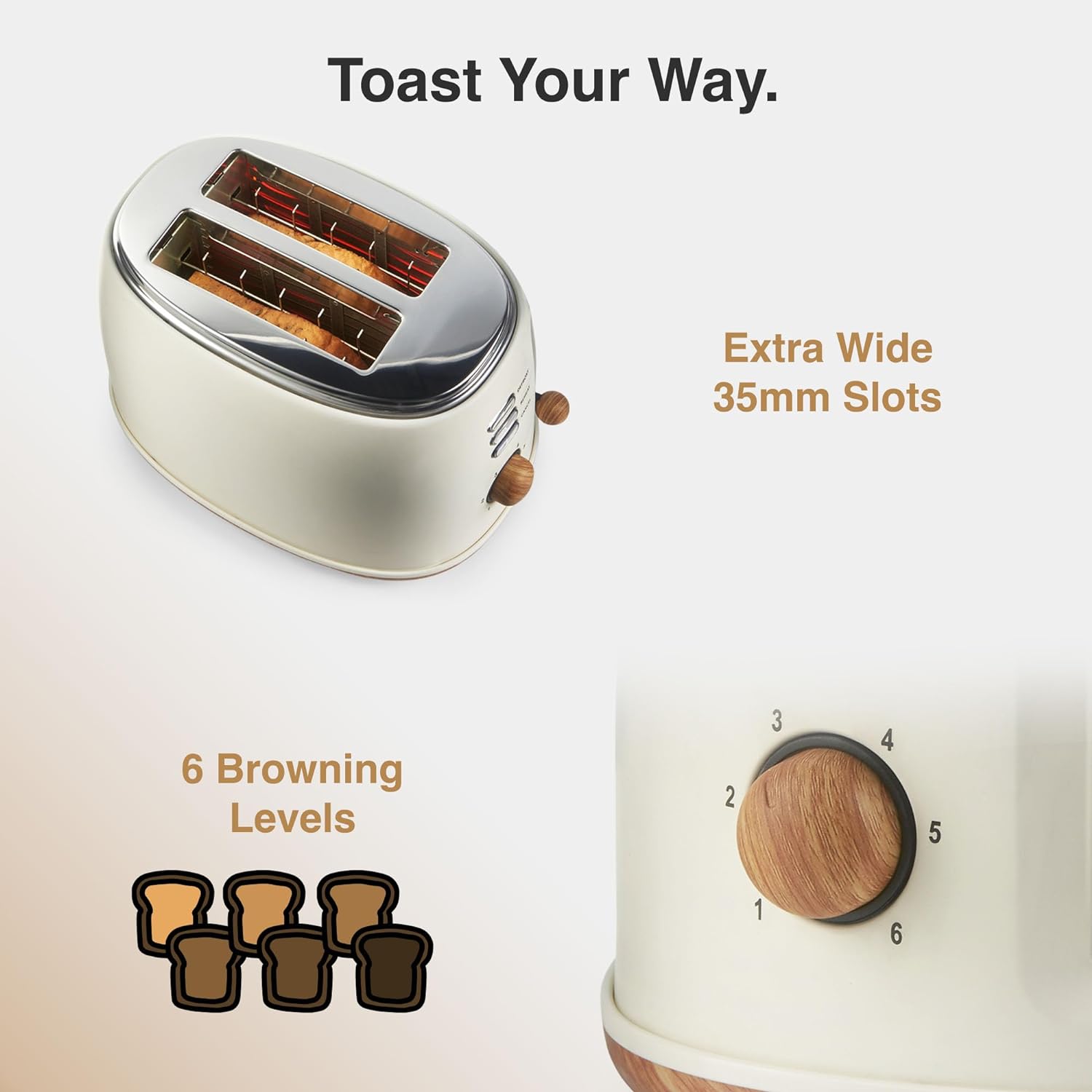 VonShef Kettle and Toaster Set – Scandi 1.7L Rapid Boil Kettle 3000W & 2 Slice Wide Slot Toaster 850W with 6 Browning Controls, Matching Kitchen Set – Nordic Cream and Wood Accents - Fika Range - Amazing Gadgets Outlet