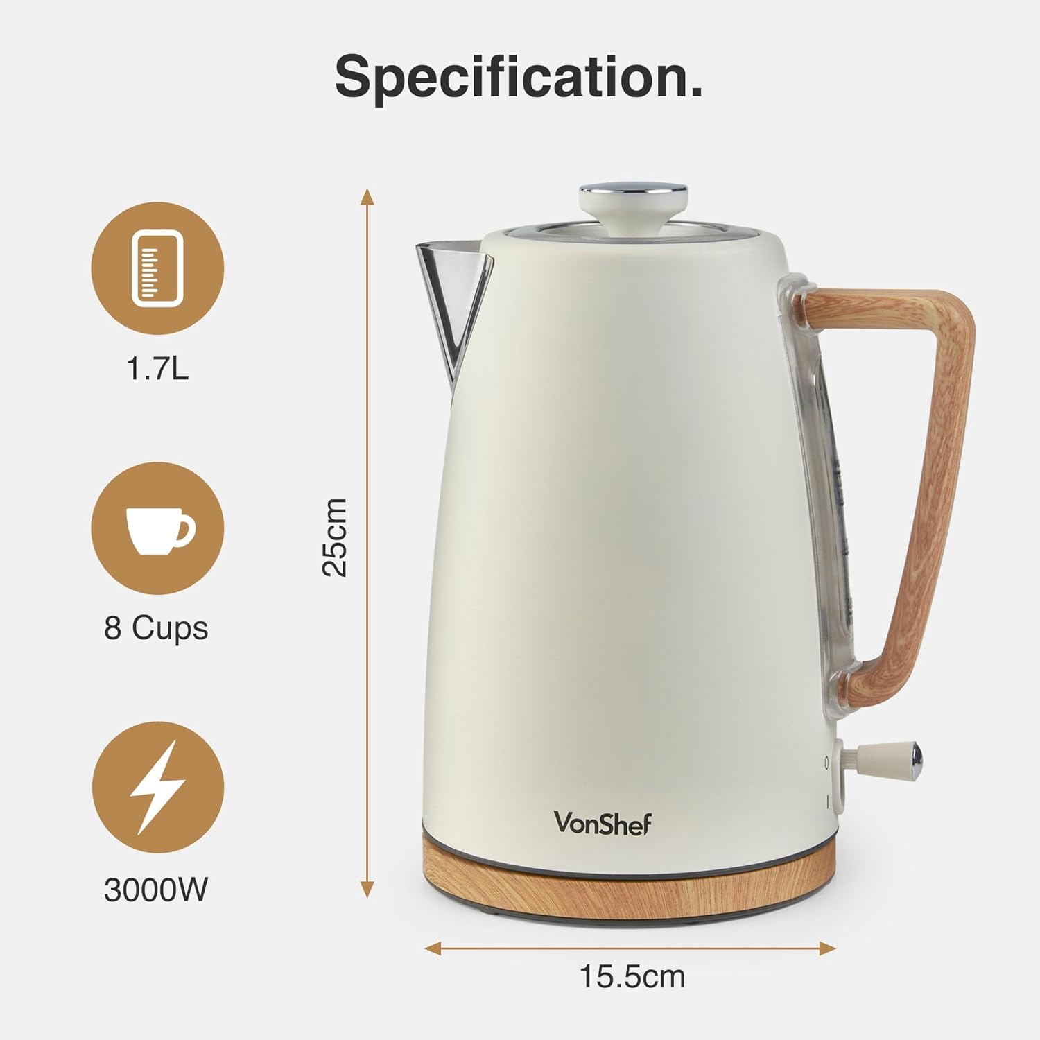 VonShef Kettle and Toaster Set – Scandi 1.7L Rapid Boil Kettle 3000W & 2 Slice Wide Slot Toaster 850W with 6 Browning Controls, Matching Kitchen Set – Nordic Cream and Wood Accents - Fika Range - Amazing Gadgets Outlet