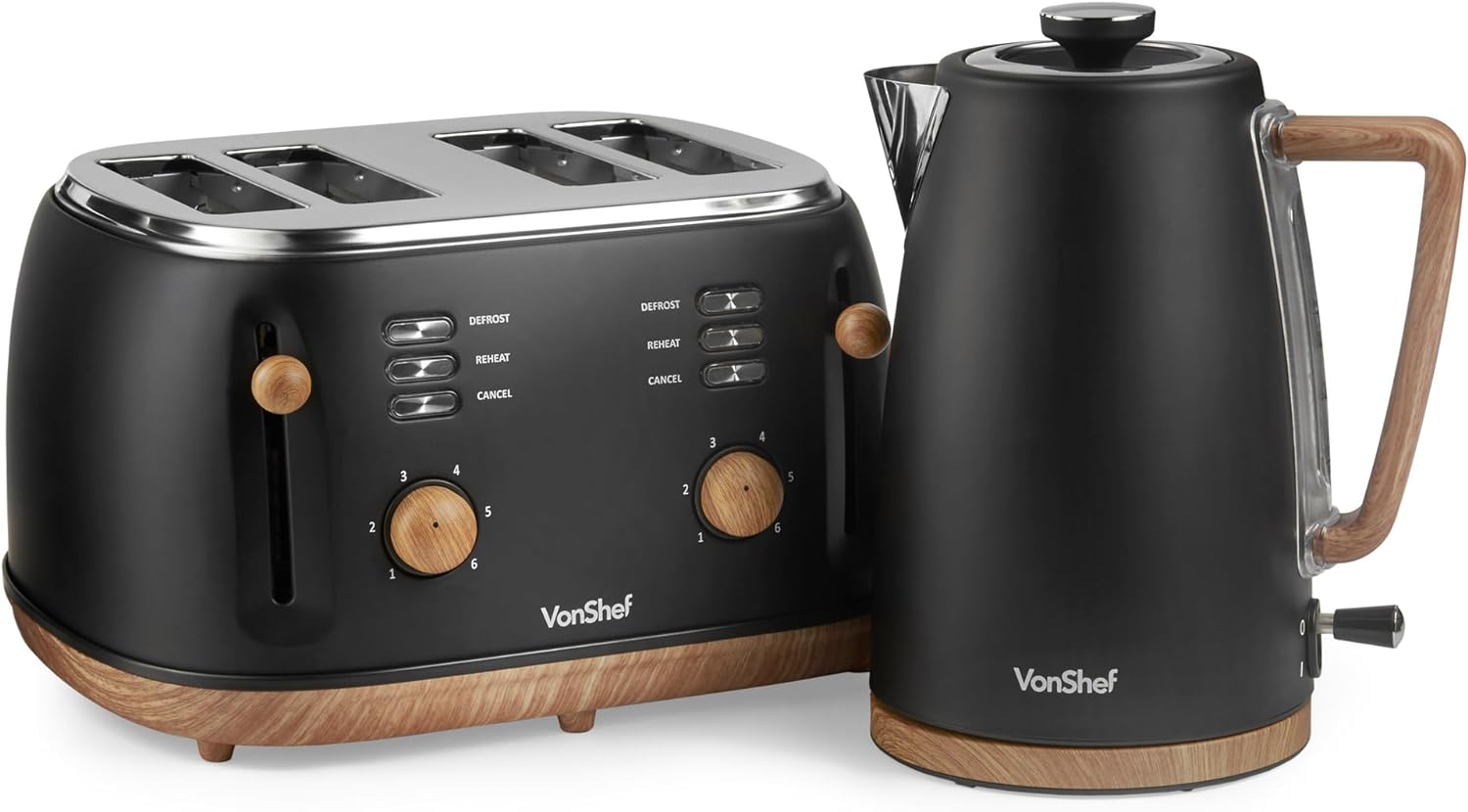 VonShef Kettle and Toaster Set – Scandi 1.7L Rapid Boil Kettle 3000W & 2 Slice Wide Slot Toaster 850W with 6 Browning Controls, Matching Kitchen Set – Nordic Cream and Wood Accents - Fika Range - Amazing Gadgets Outlet