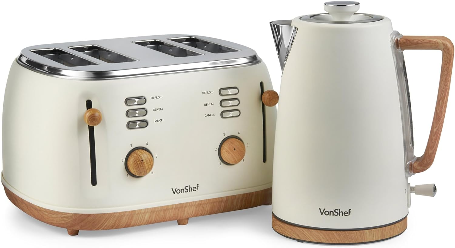 VonShef Kettle and Toaster Set – Scandi 1.7L Rapid Boil Kettle 3000W & 2 Slice Wide Slot Toaster 850W with 6 Browning Controls, Matching Kitchen Set – Nordic Cream and Wood Accents - Fika Range - Amazing Gadgets Outlet
