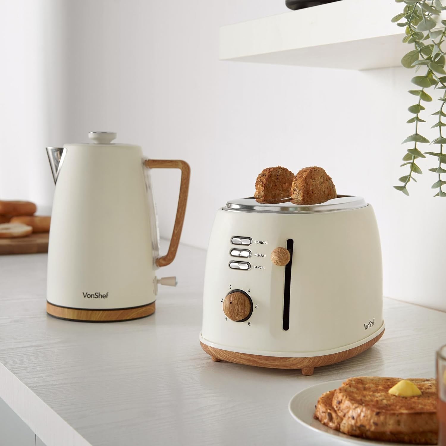 VonShef Kettle and Toaster Set – Scandi 1.7L Rapid Boil Kettle 3000W & 2 Slice Wide Slot Toaster 850W with 6 Browning Controls, Matching Kitchen Set – Nordic Cream and Wood Accents - Fika Range - Amazing Gadgets Outlet