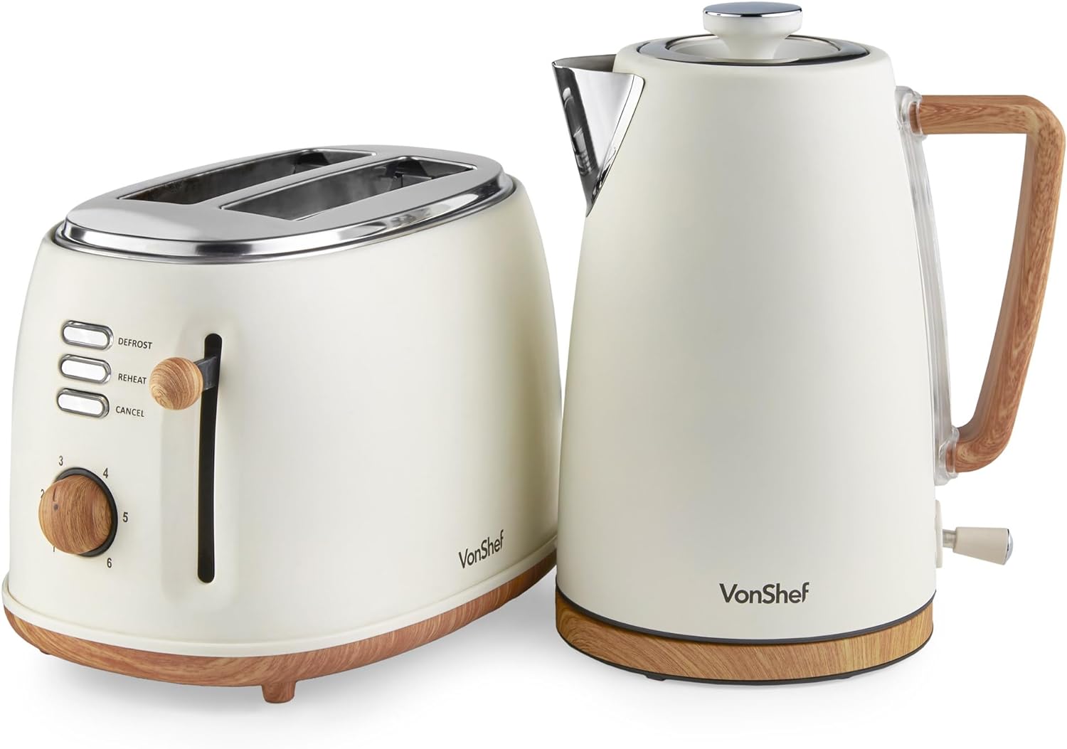 VonShef Kettle and Toaster Set – Scandi 1.7L Rapid Boil Kettle 3000W & 2 Slice Wide Slot Toaster 850W with 6 Browning Controls, Matching Kitchen Set – Nordic Cream and Wood Accents - Fika Range - Amazing Gadgets Outlet