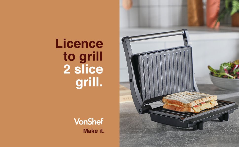 VonShef Panini Press Grill – Sandwich Toaster 2 Slice with Non - Stick Plates, 1000W, Deep Fill Toastie Maker with Floating Hinge, Easy Clean, Stainless Steel – Black - Amazing Gadgets Outlet