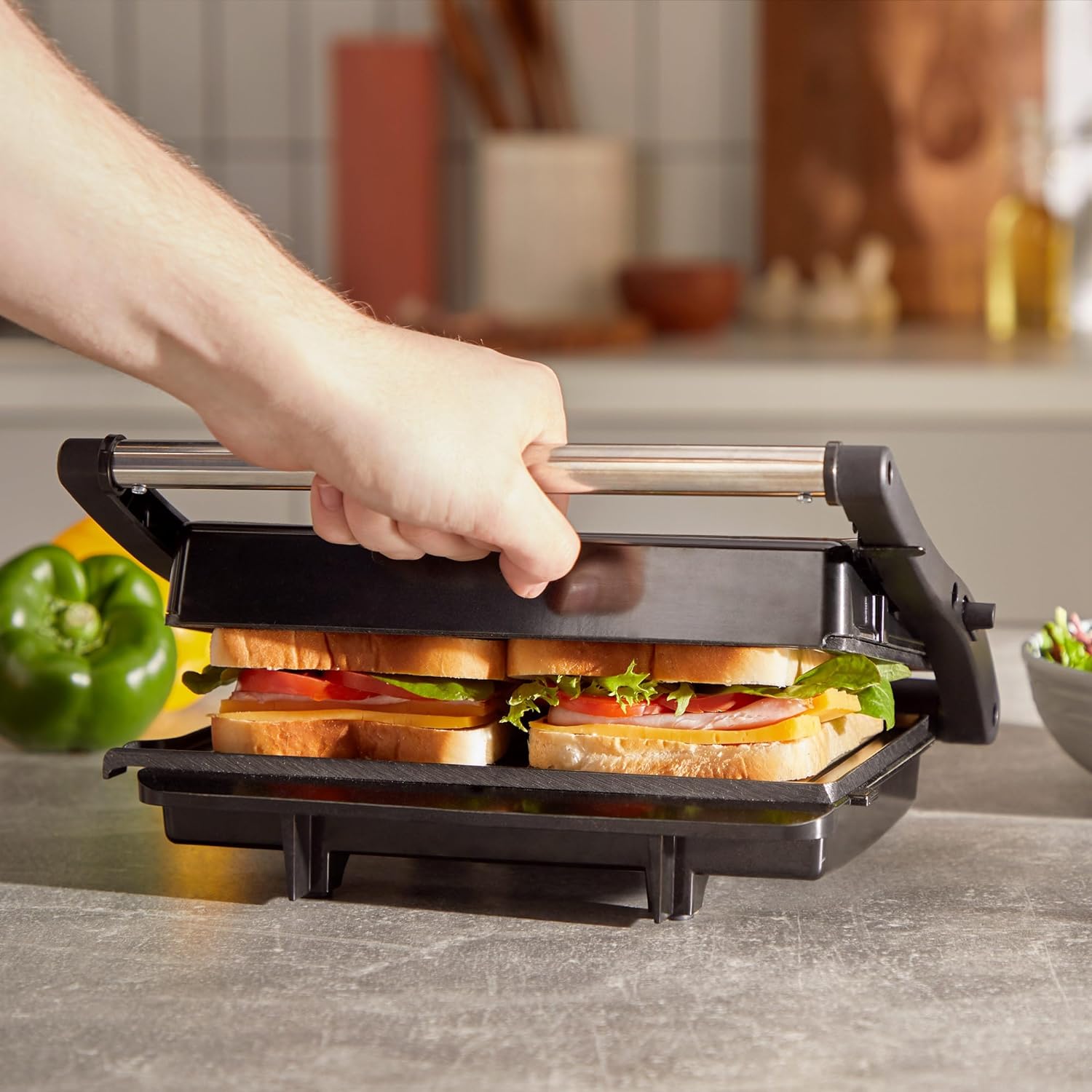 VonShef Panini Press Grill – Sandwich Toaster 2 Slice with Non - Stick Plates, 1000W, Deep Fill Toastie Maker with Floating Hinge, Easy Clean, Stainless Steel – Black - Amazing Gadgets Outlet