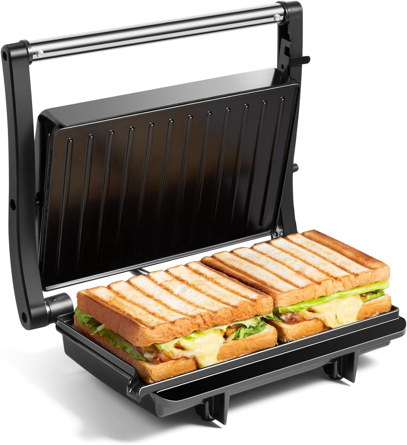 VonShef Panini Press Grill – Sandwich Toaster 2 Slice with Non - Stick Plates, 1000W, Deep Fill Toastie Maker with Floating Hinge, Easy Clean, Stainless Steel – Black - Amazing Gadgets Outlet