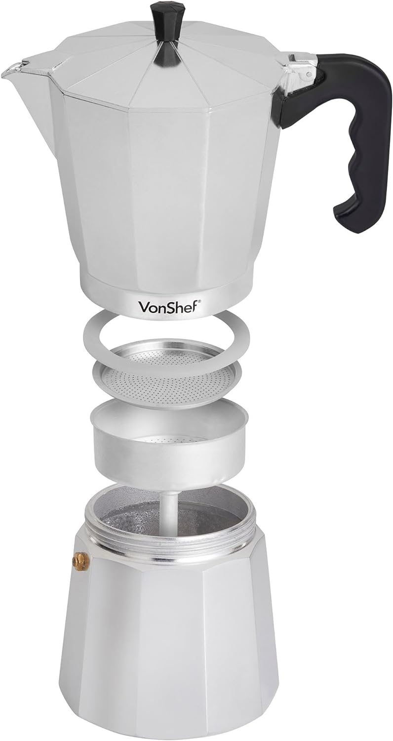 VonShef Stovetop Coffee Maker, 12 Cup Aluminium Italian Espresso Maker, 600ml Gas & Electric Stove Top Moka Pot with Replacement Gasket & Filter - Amazing Gadgets Outlet