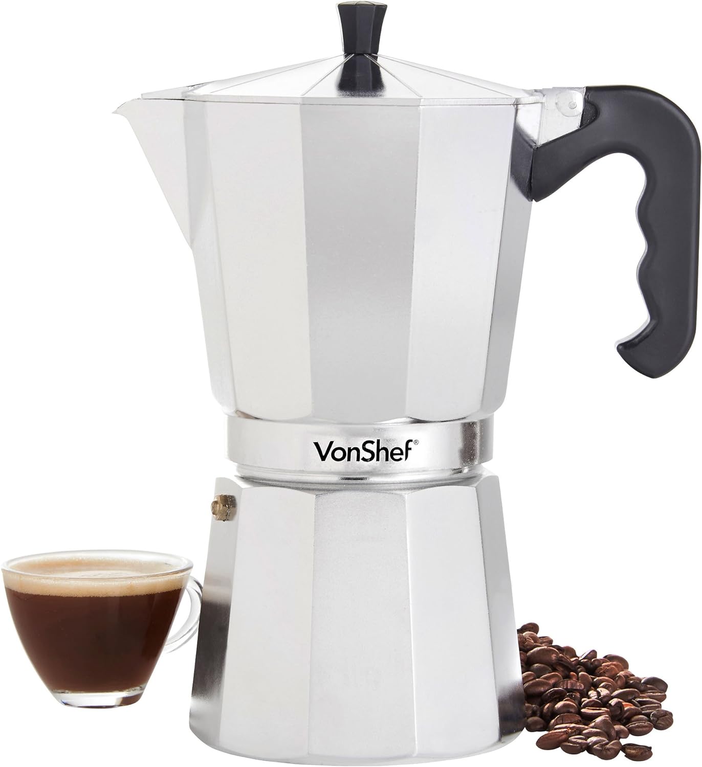 VonShef Stovetop Coffee Maker, 12 Cup Aluminium Italian Espresso Maker, 600ml Gas & Electric Stove Top Moka Pot with Replacement Gasket & Filter - Amazing Gadgets Outlet