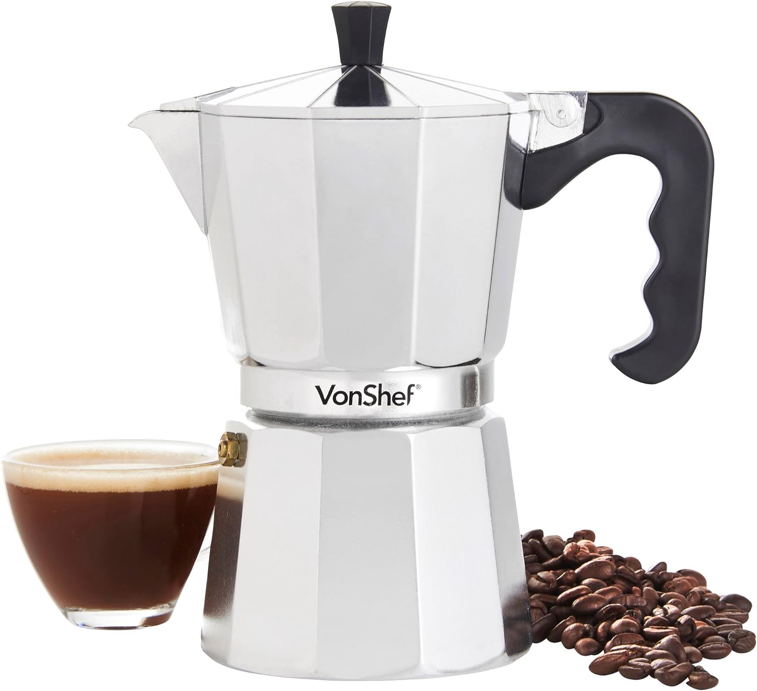 VonShef Stovetop Coffee Maker, 12 Cup Aluminium Italian Espresso Maker, 600ml Gas & Electric Stove Top Moka Pot with Replacement Gasket & Filter - Amazing Gadgets Outlet