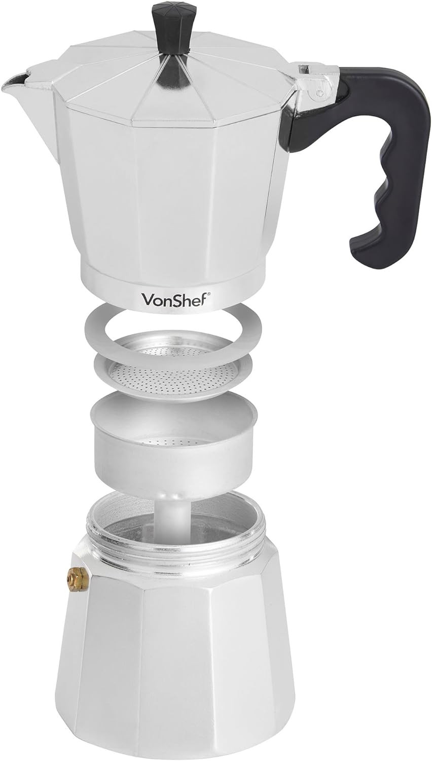 VonShef Stovetop Coffee Maker, 6 Cup Aluminium Italian Espresso Maker, 300ml Gas & Electric Stove Top Moka Pot with Replacement Gasket & Filter - Amazing Gadgets Outlet