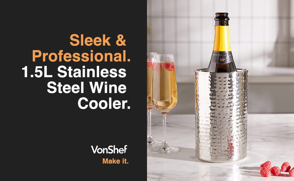 VonShef Wine Cooler, 1.5L Stainless Steel Hammered Wine Bottle Cooler, Home Bar Accessory for Beer, Wine & Champagne, Double Walled Wine Cooler for Parties & BBQ's - Amazing Gadgets Outlet