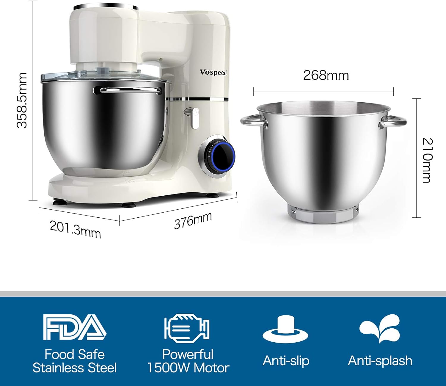 Vospeed Stand Mixer 1500W 8L Cake Mixer Electric Kitchen Food Mixer with Stainless Steel Bowl, Beater, Dough Hook, Whisk for Baking, Dishwasher Safe (White) - Amazing Gadgets Outlet