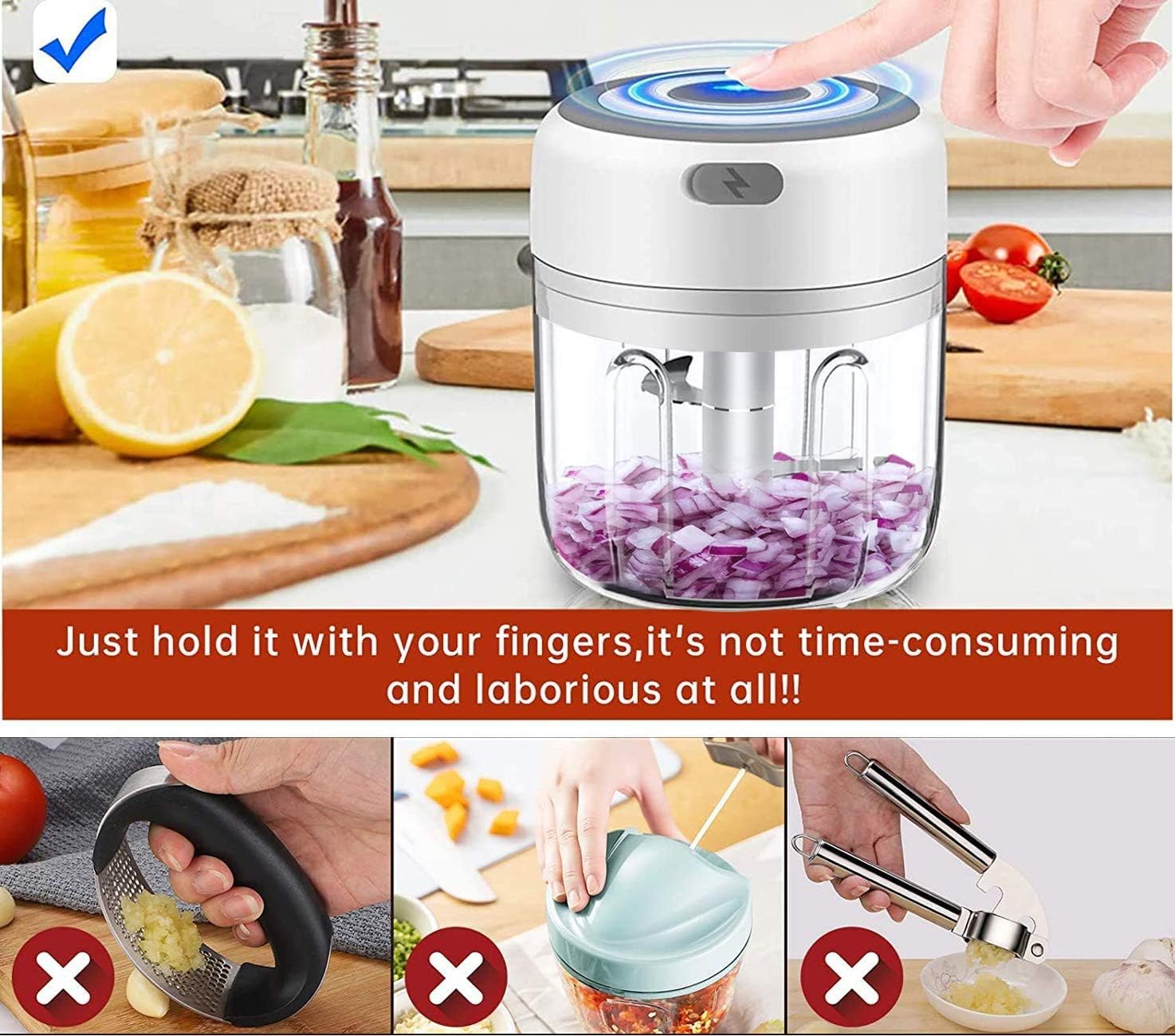 VOUM Mini Food Chopper Electric - Food Processor and Blender, USB Charging Portable Vegetable Fruit Meat Garlic Onion Ginger Chopper with 3 Sharp Blades Grinder,Kitchen Gadget (white - 250ml) - Amazing Gadgets Outlet